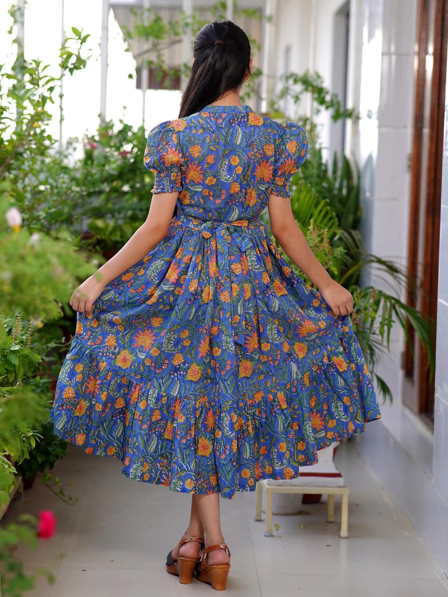 Blue Blossom Block Printed COTTON Tiered Dress