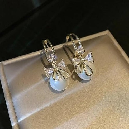 Pearl Drop Crystal Bow Earring