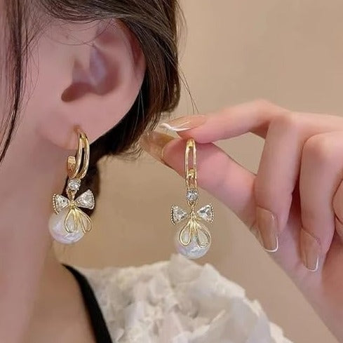 Pearl Drop Crystal Bow Earring