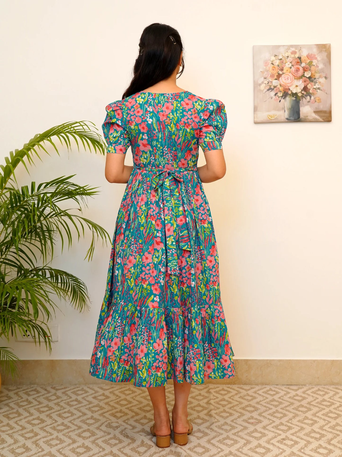 Blue-Green Garden Whispers COTTON Tiered Dress