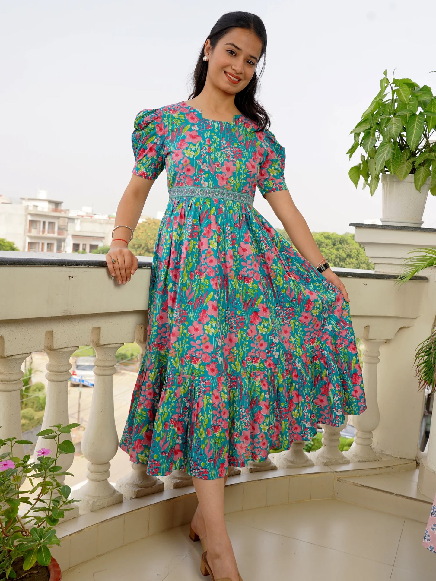 Blue-Green Garden Whispers COTTON Tiered Dress