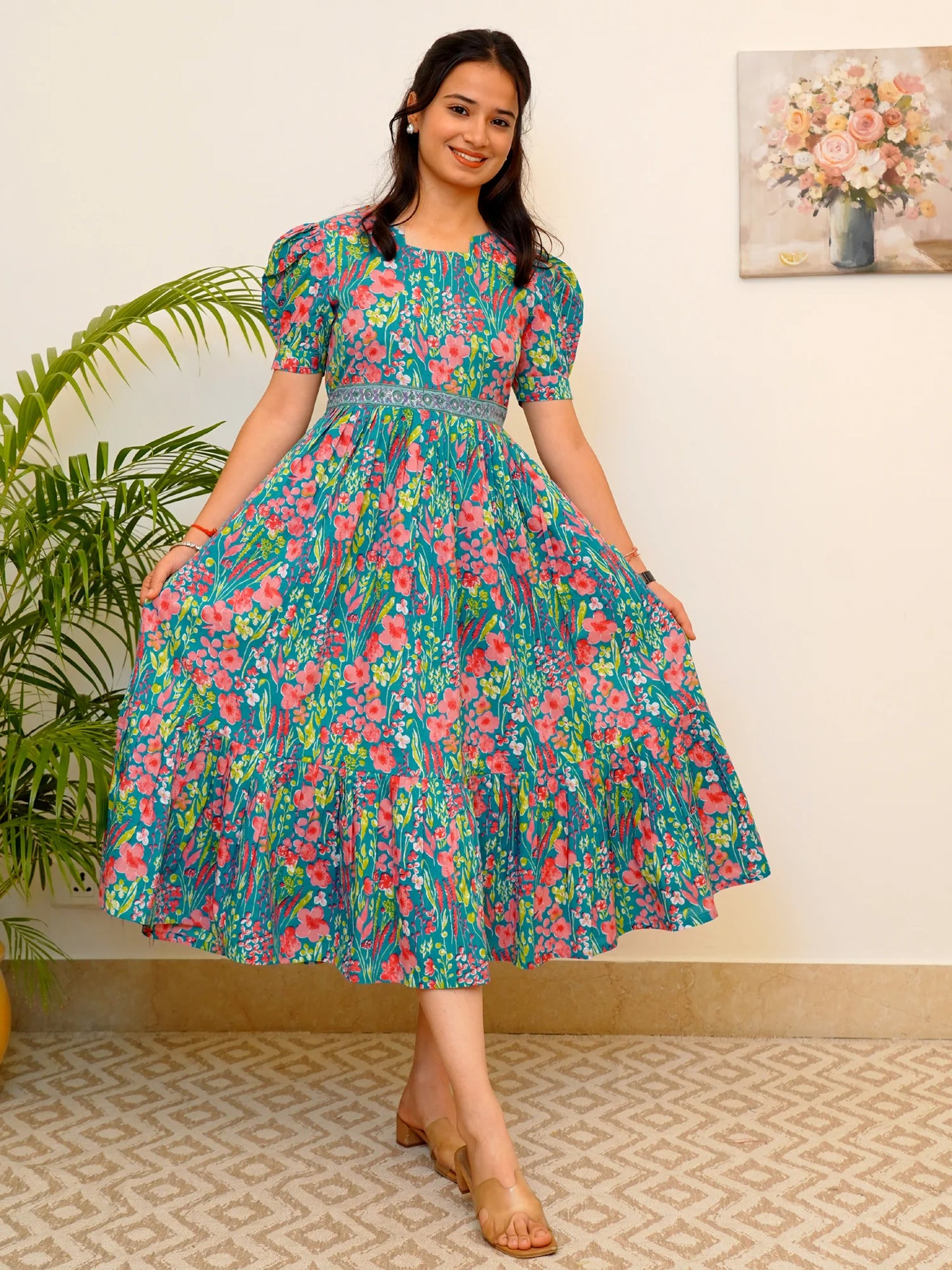 Blue-Green Garden Whispers COTTON Tiered Dress