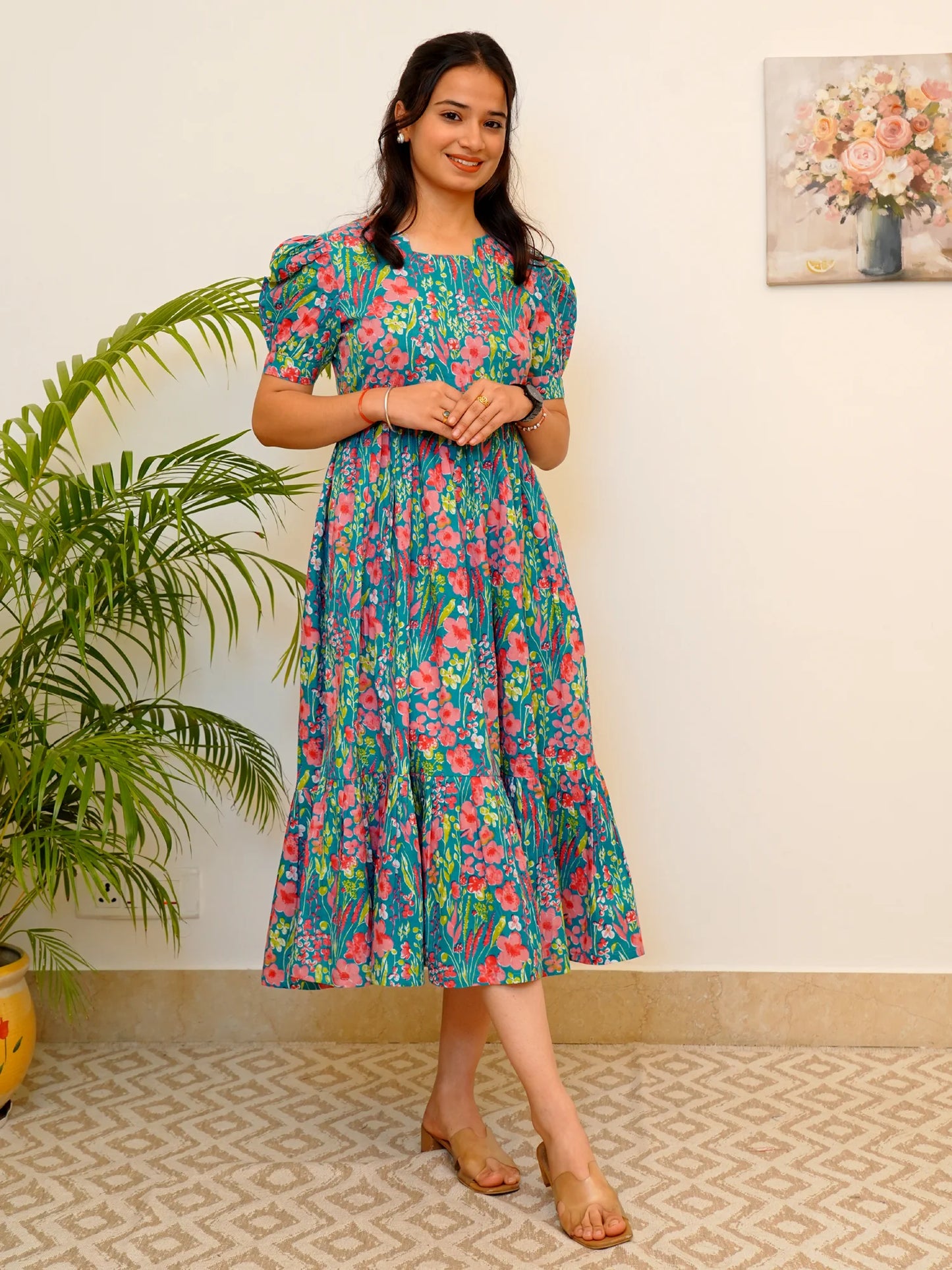 Blue-Green Garden Whispers COTTON Tiered Dress