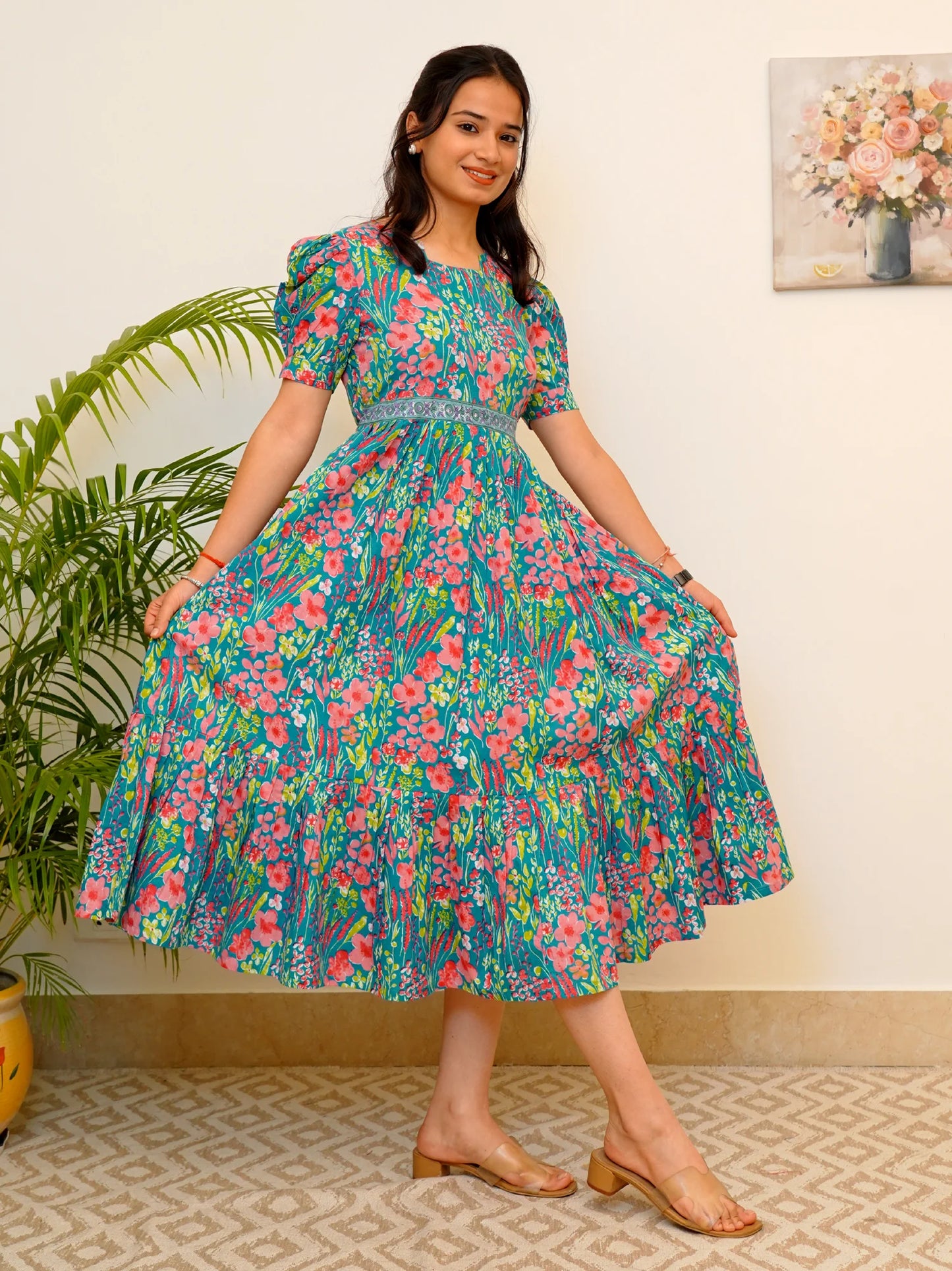 Blue-Green Garden Whispers COTTON Tiered Dress