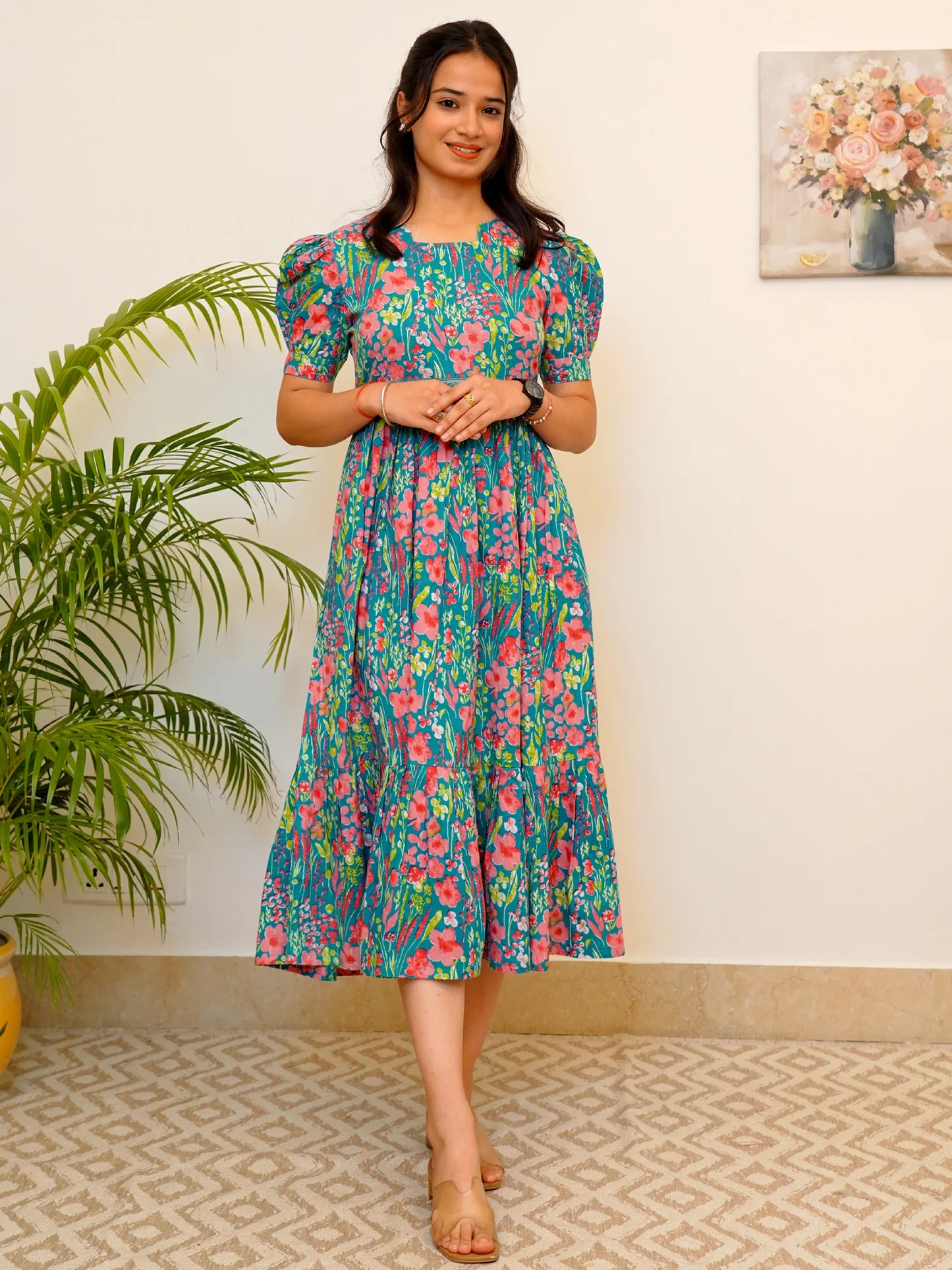 Blue-Green Garden Whispers COTTON Tiered Dress