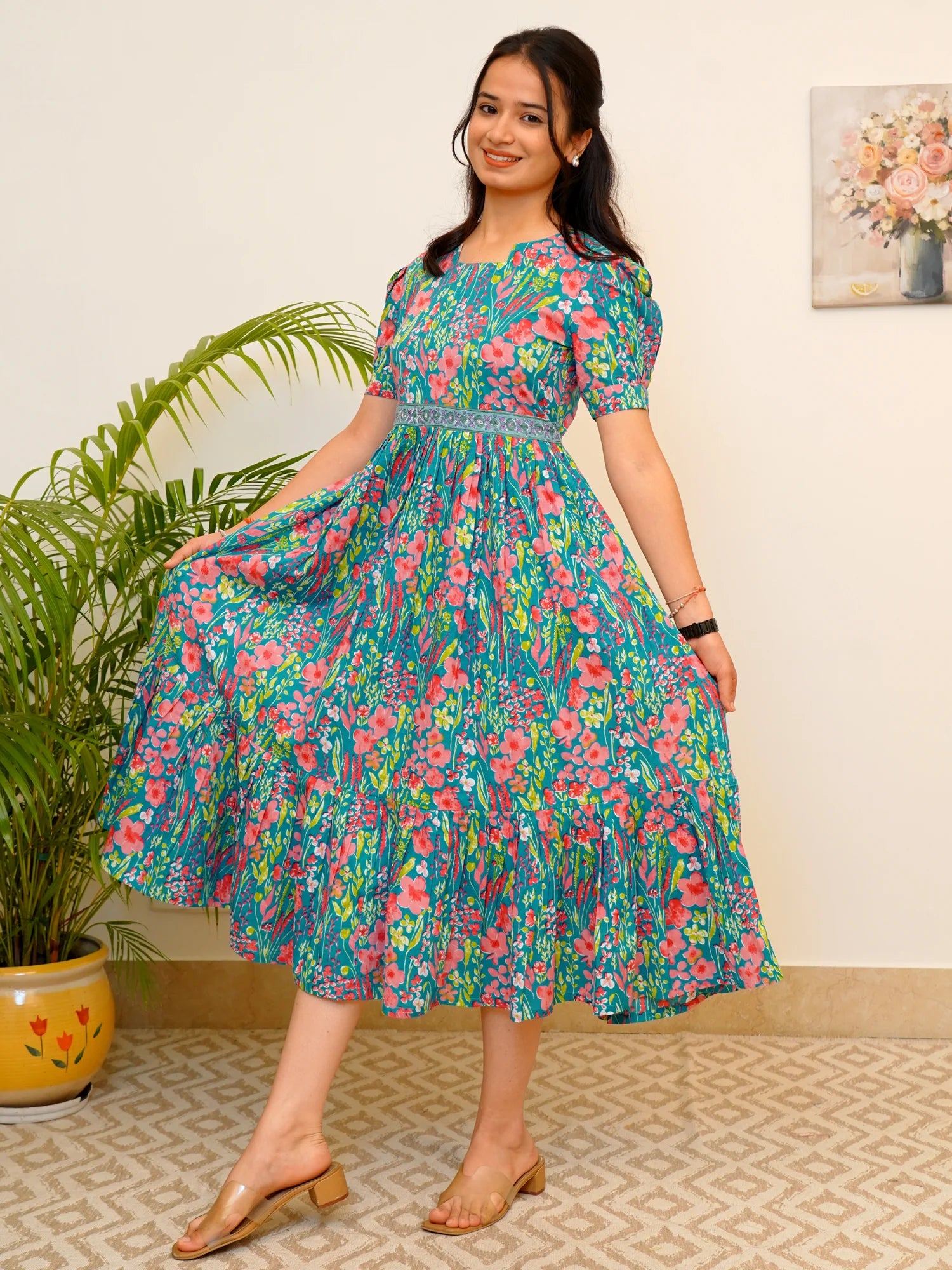 Blue-Green Garden Whispers COTTON Tiered Dress