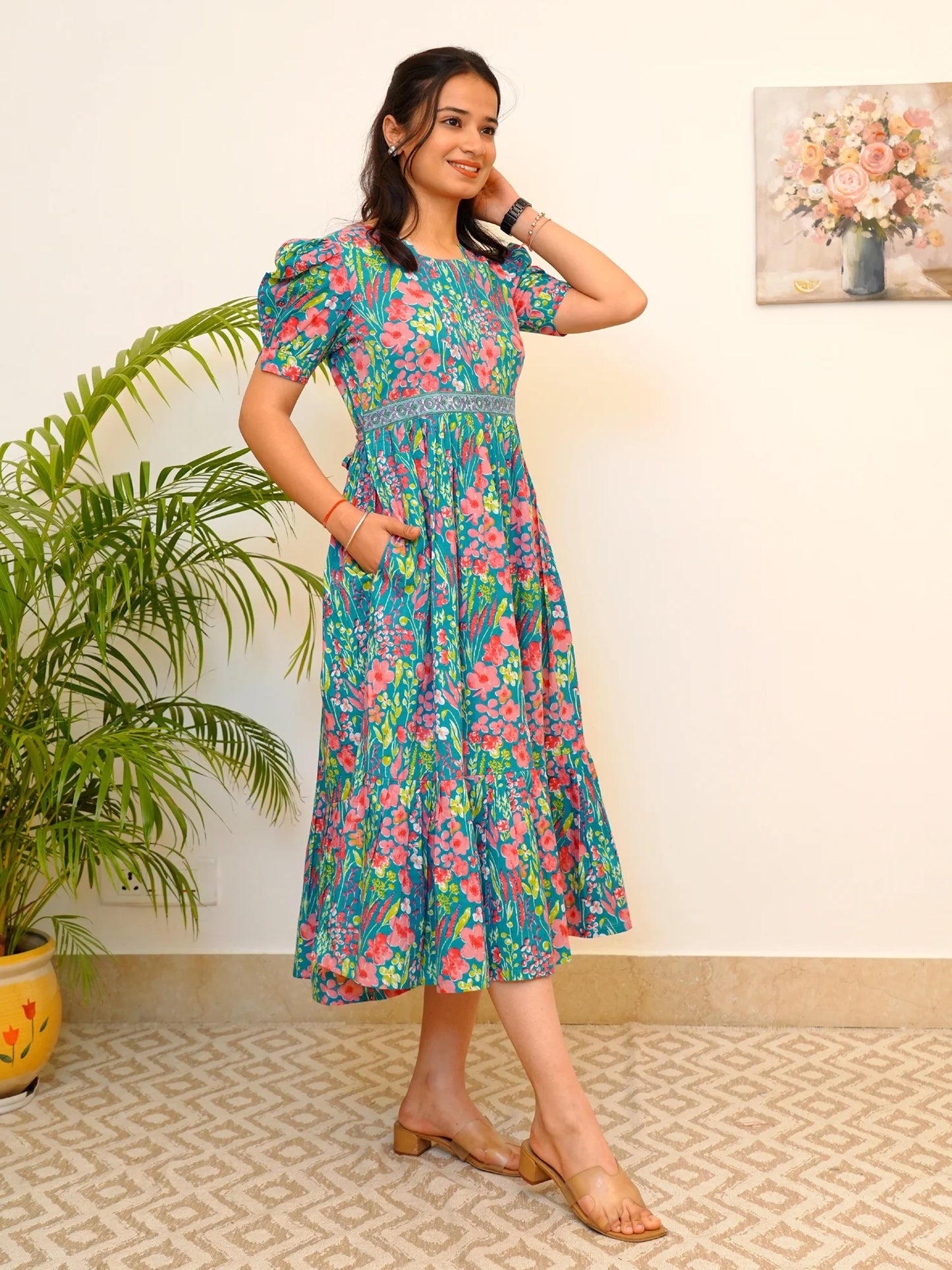 Blue-Green Garden Whispers COTTON Tiered Dress