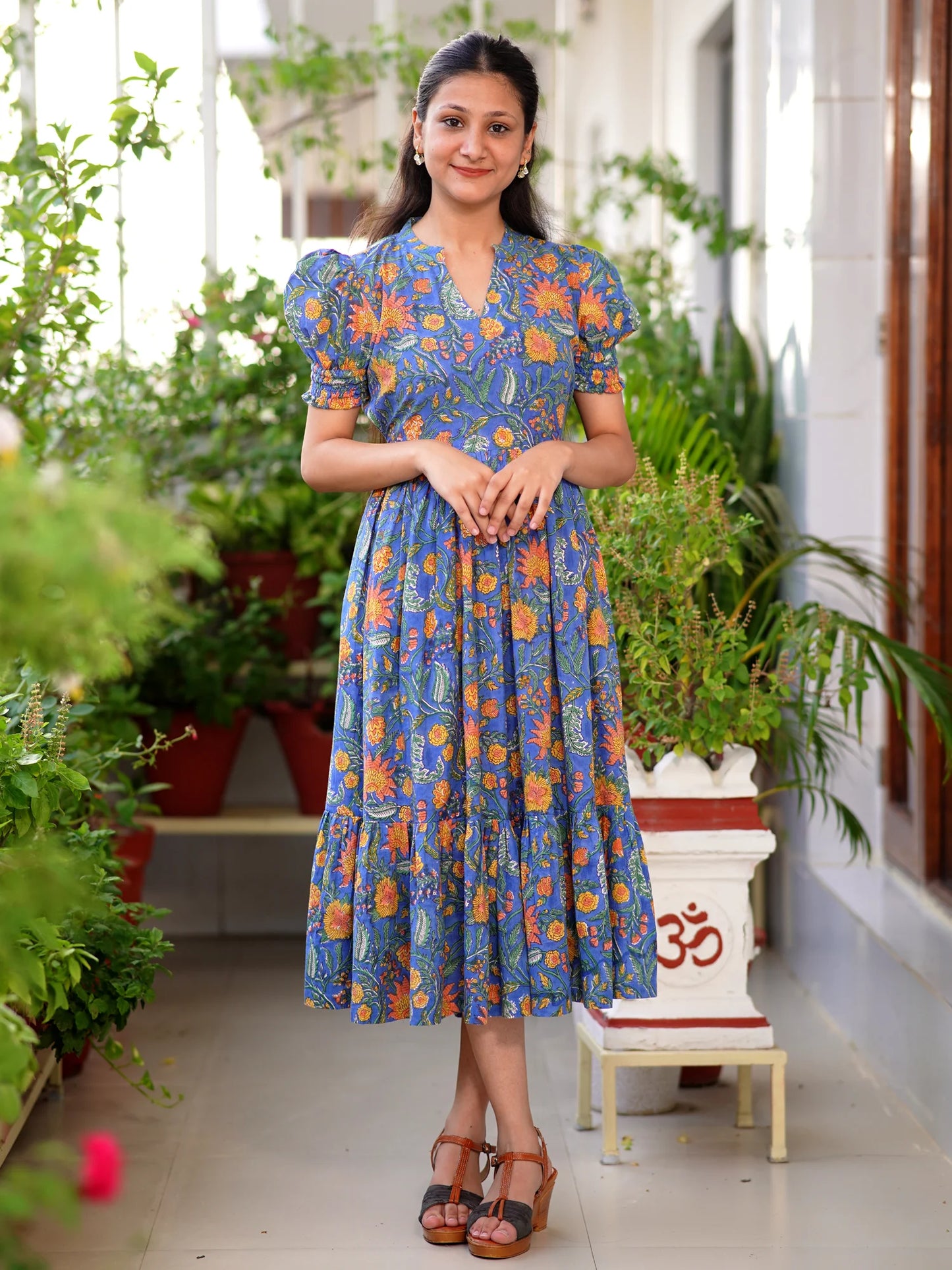 Blue Blossom Block Printed COTTON Tiered Dress