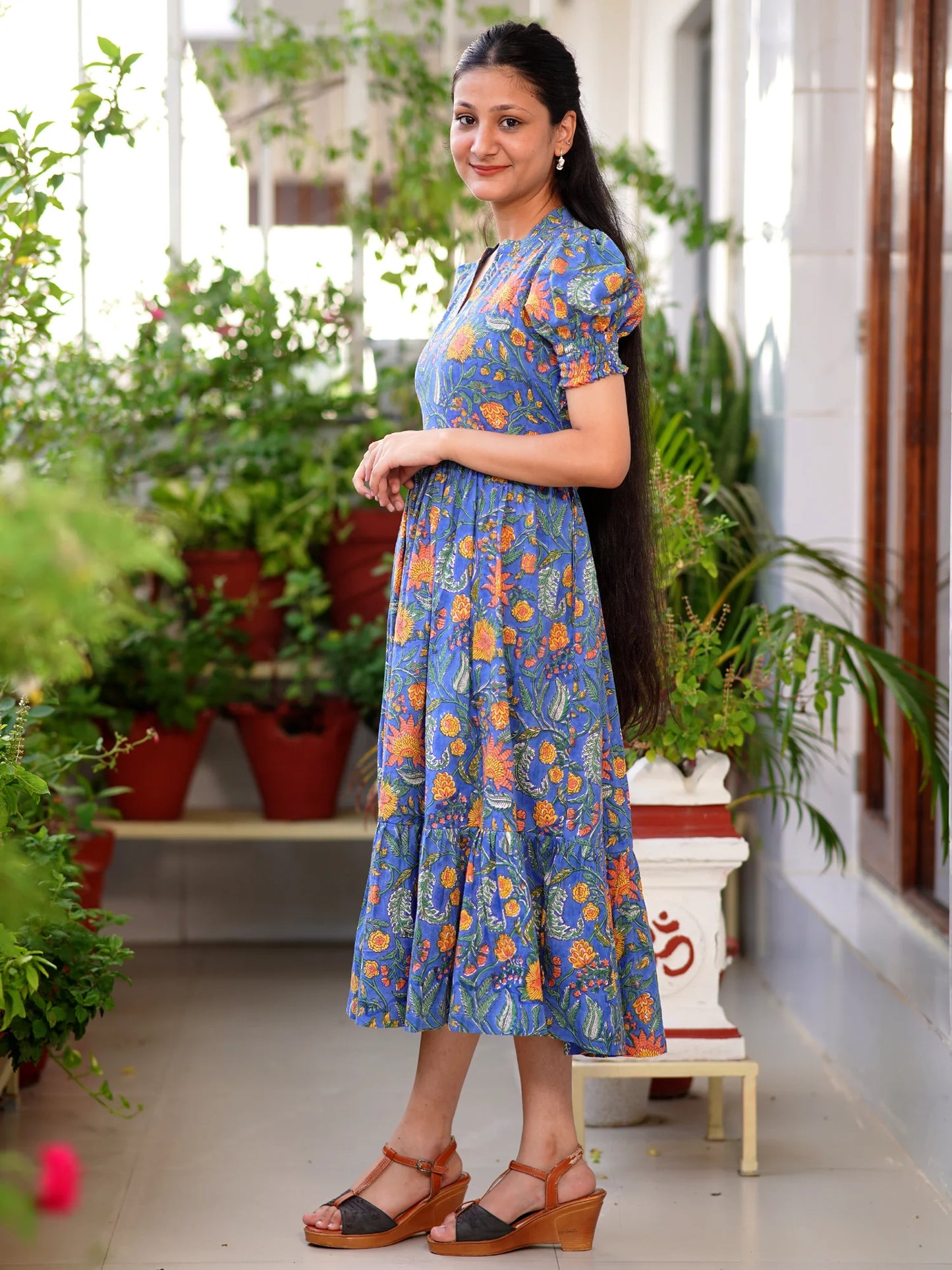 Blue Blossom Block Printed COTTON Tiered Dress