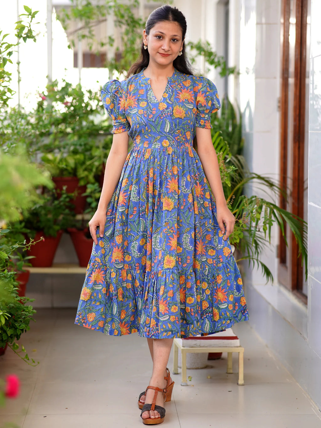 Blue Blossom Block Printed COTTON Tiered Dress