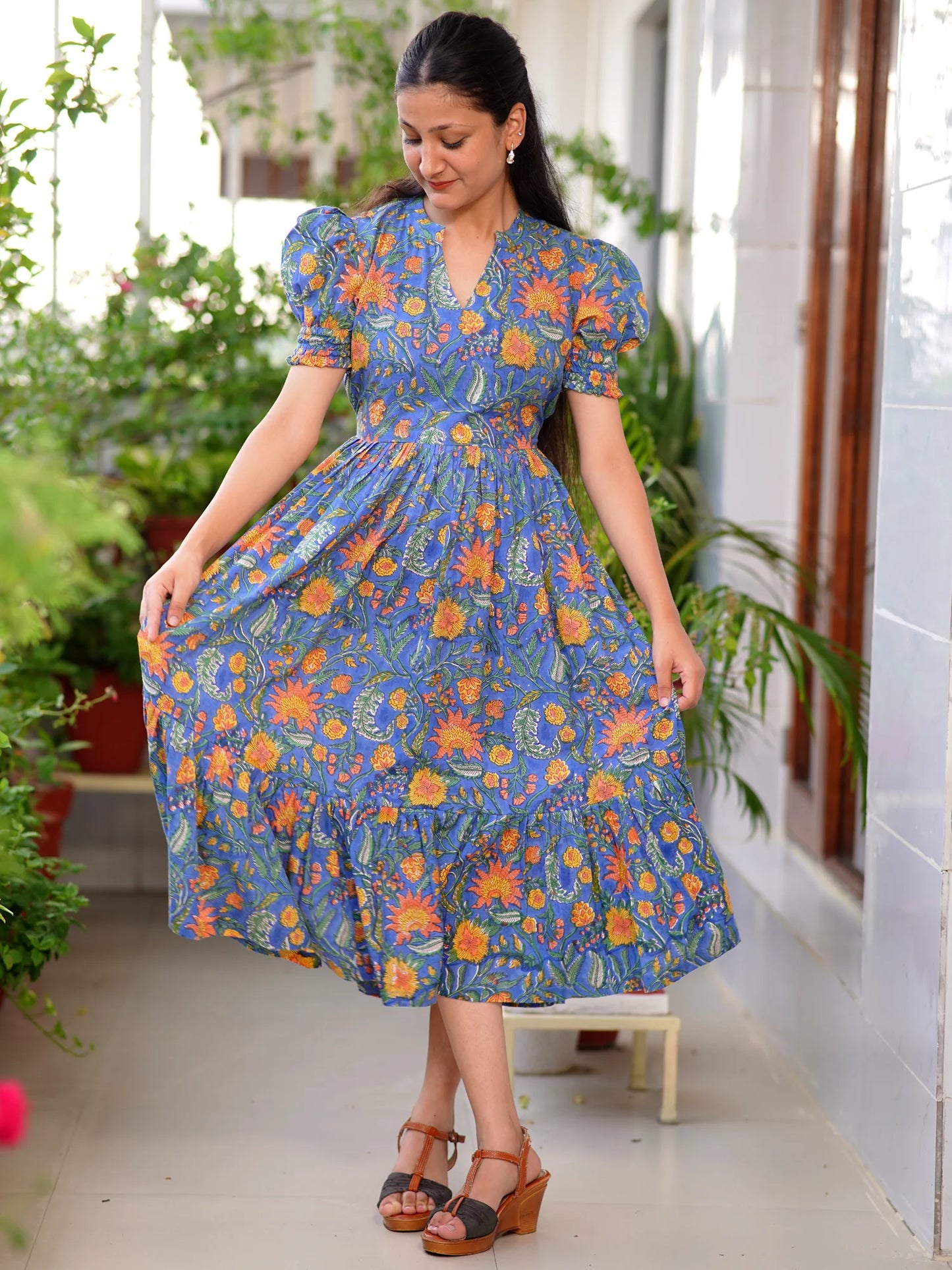 Blue Blossom Block Printed COTTON Tiered Dress