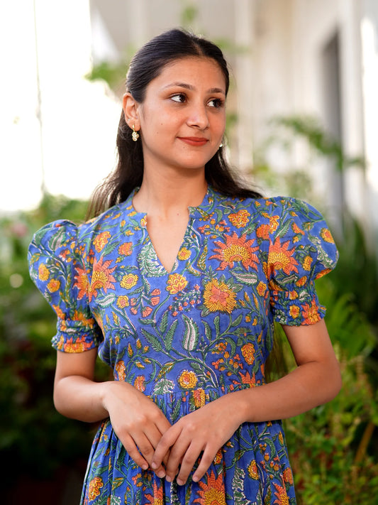 Blue Blossom Block Printed COTTON Tiered Dress