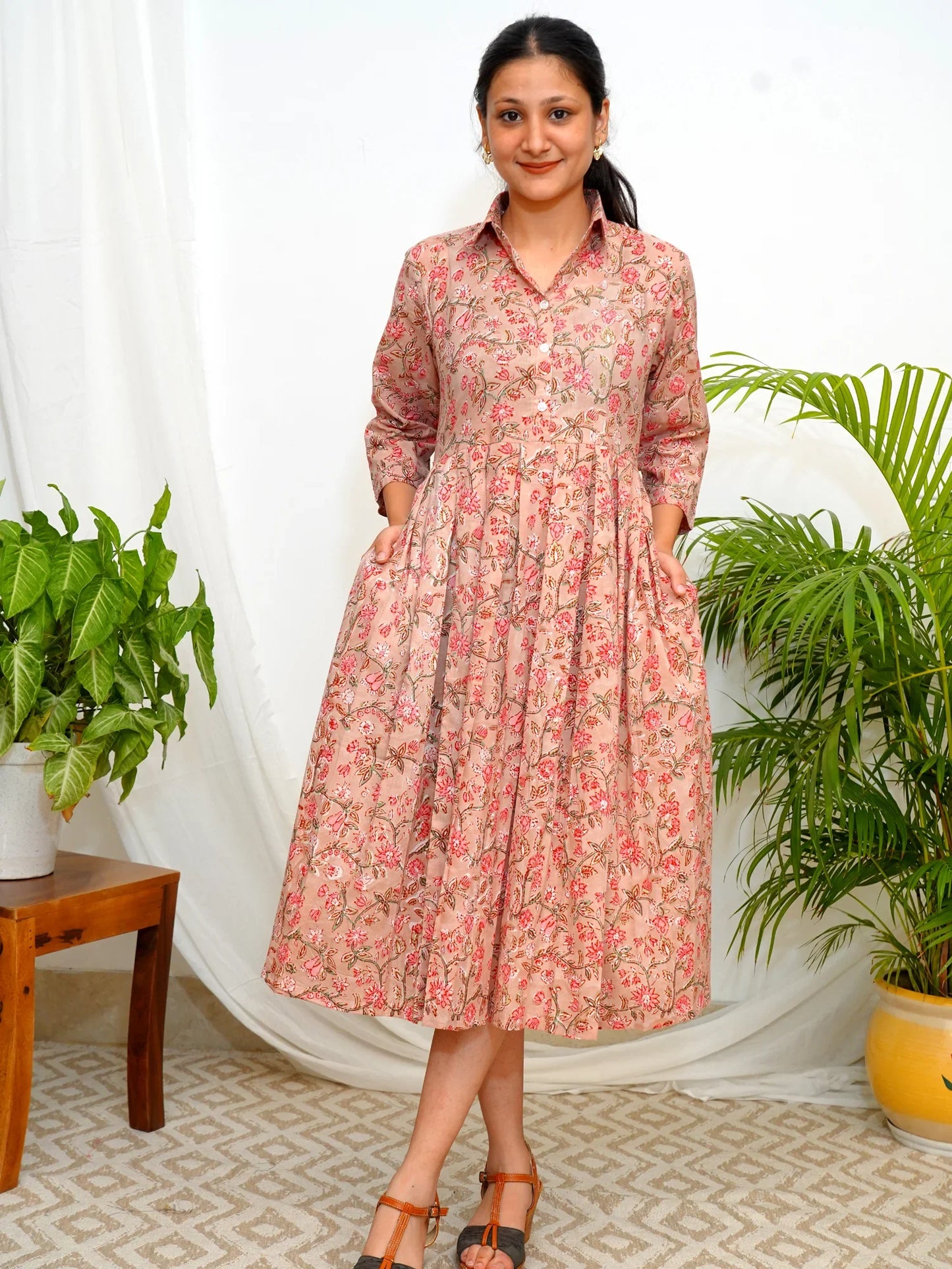 Coral Blush Garden Shirt Collar COTTON Dress