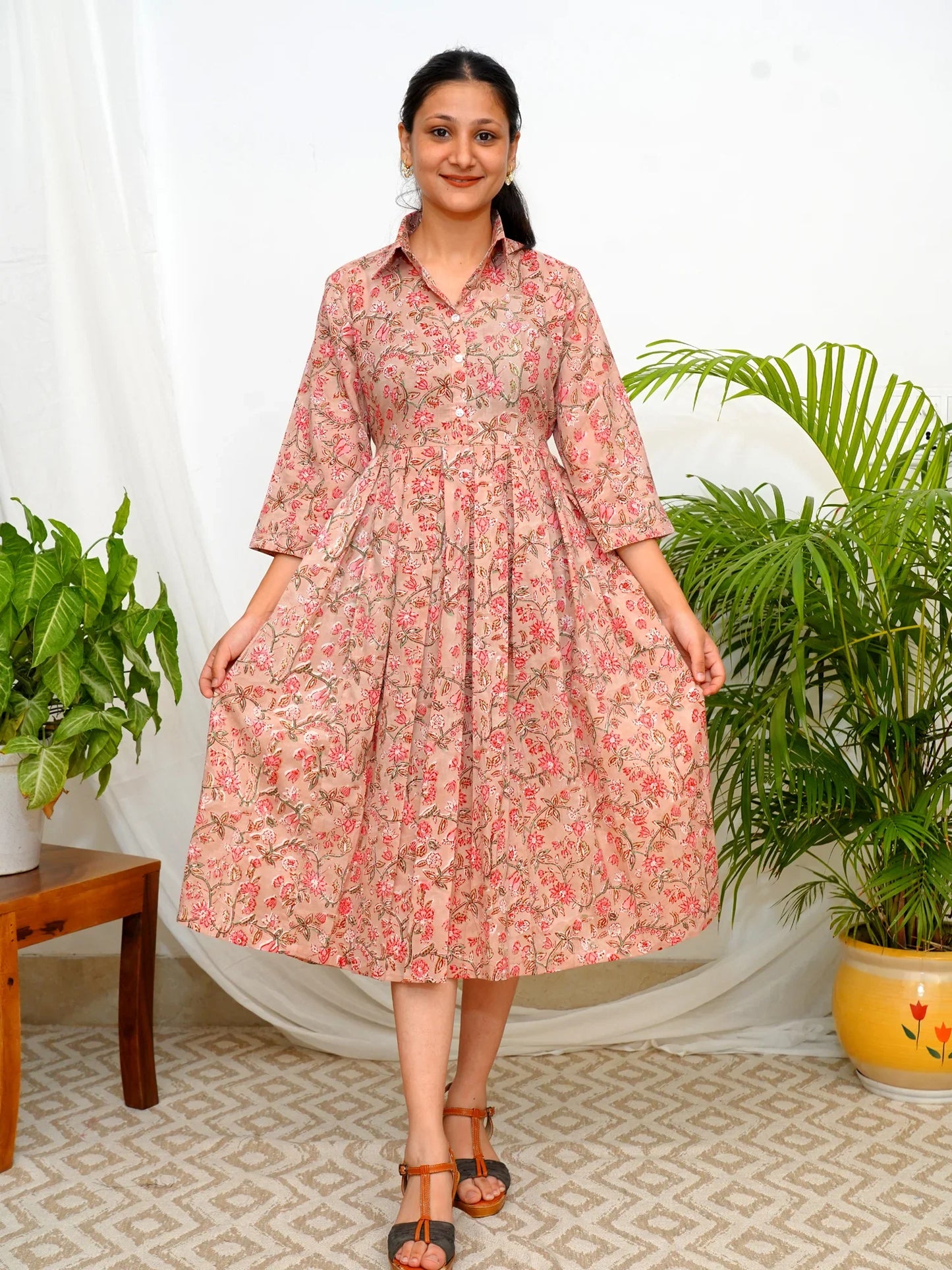 Coral Blush Garden Shirt Collar COTTON Dress