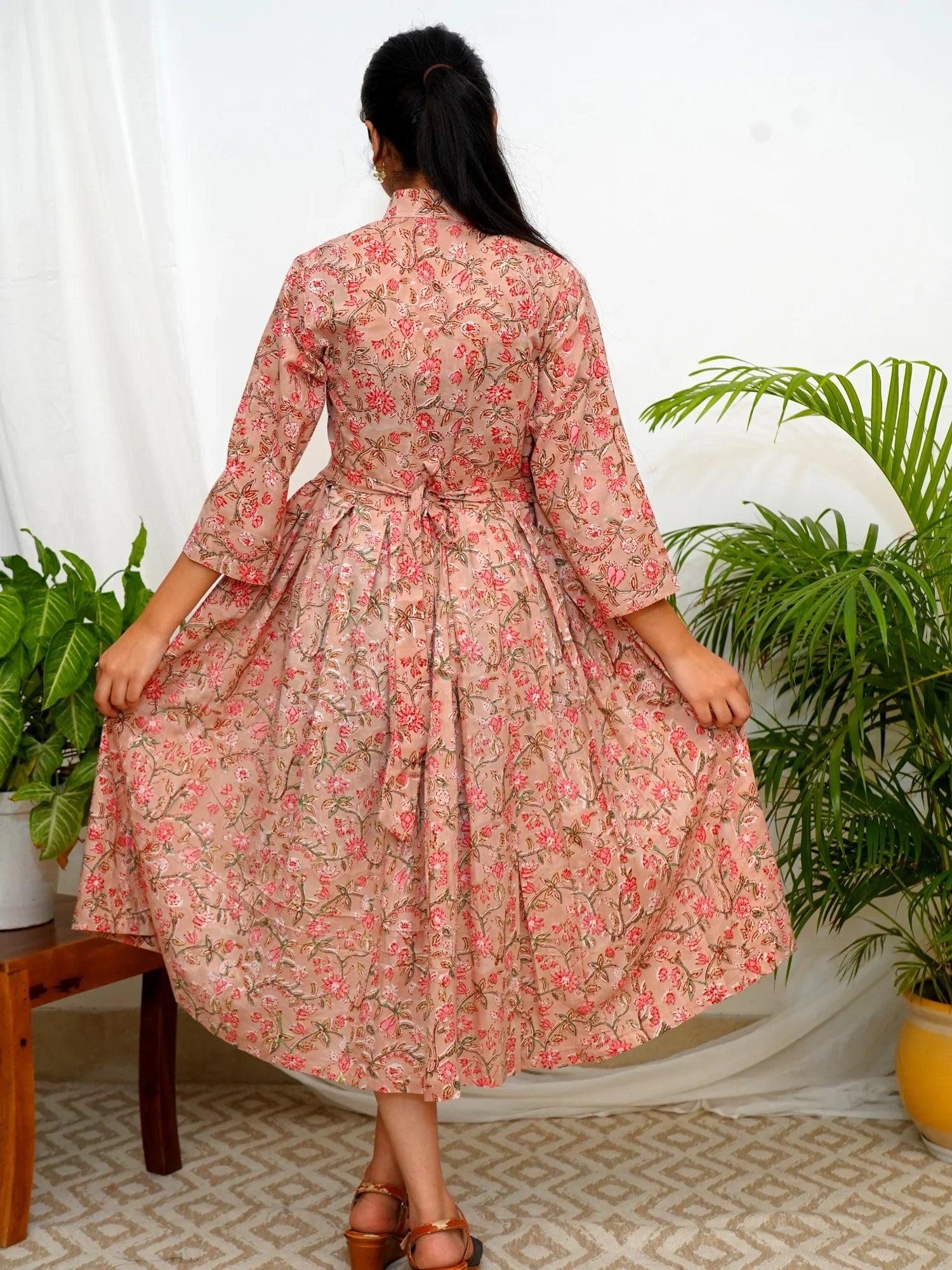 Coral Blush Garden Shirt Collar COTTON Dress