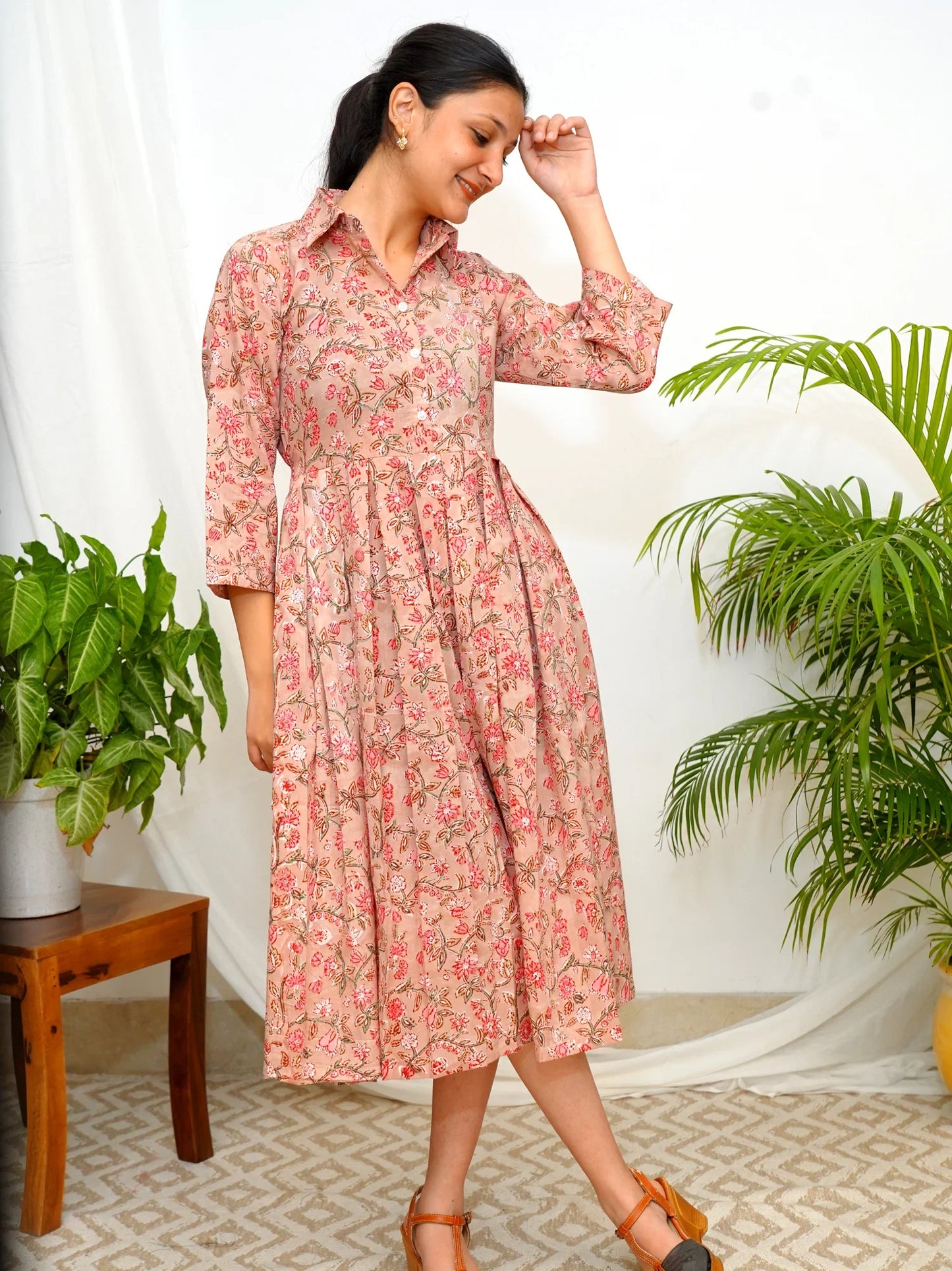 Coral Blush Garden Shirt Collar COTTON Dress