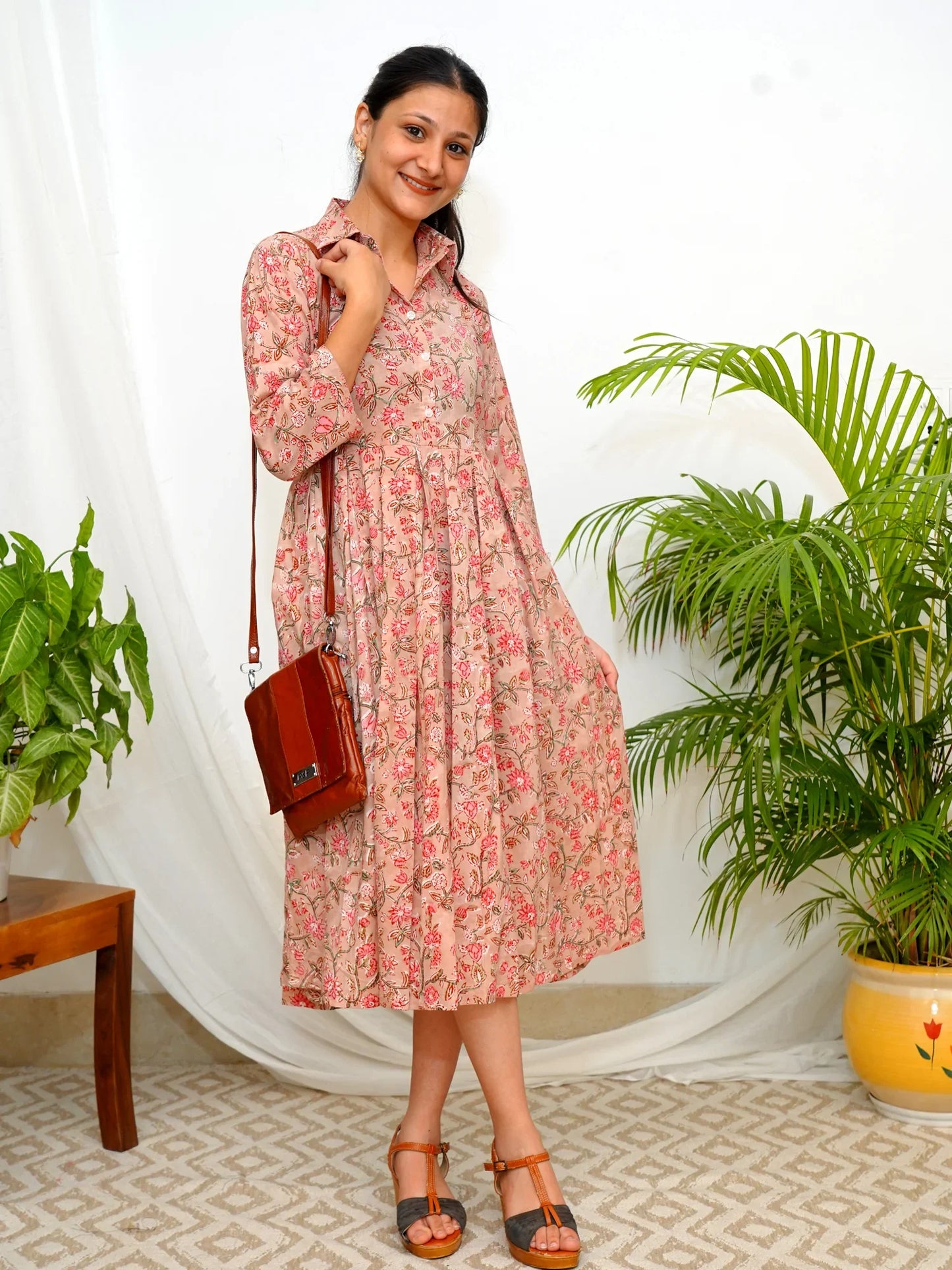 Coral Blush Garden Shirt Collar COTTON Dress