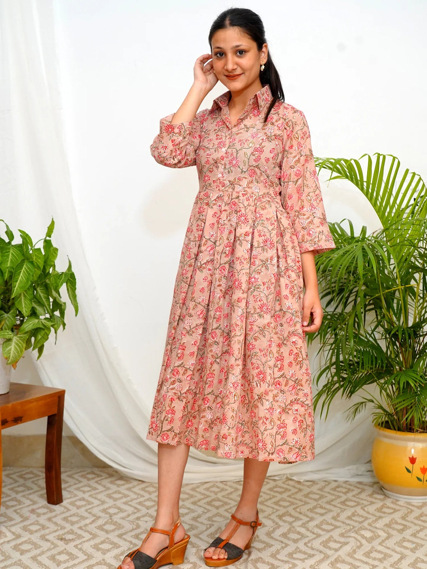 Coral Blush Garden Shirt Collar COTTON Dress