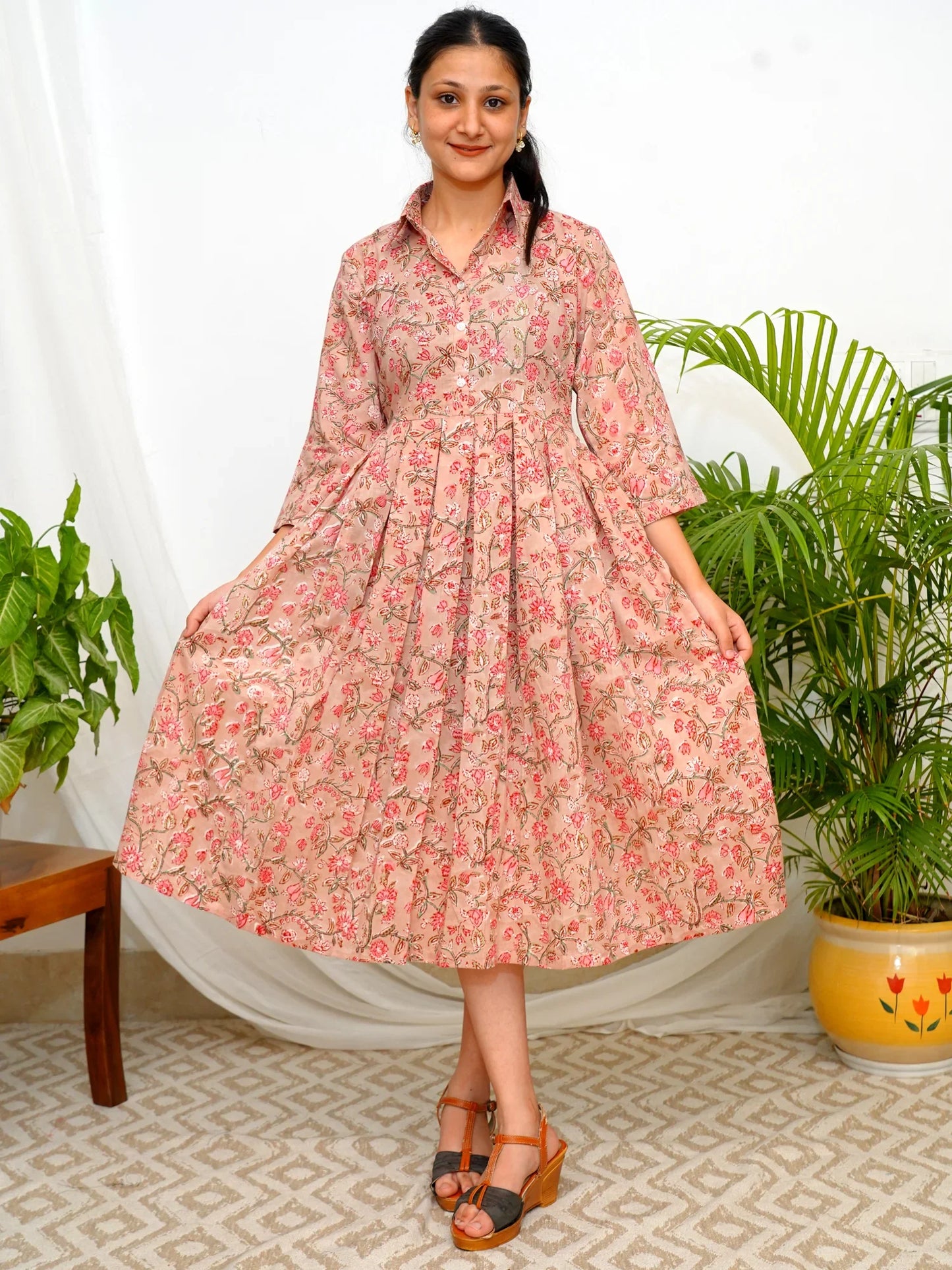 Coral Blush Garden Shirt Collar COTTON Dress