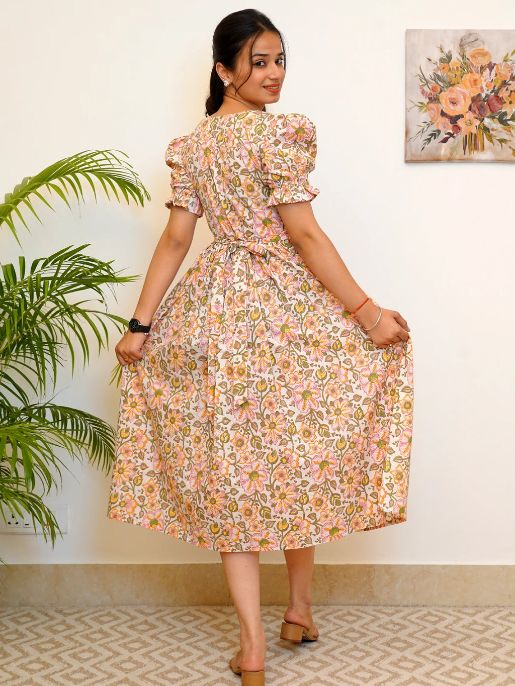 Creamy Blossom Block Printed COTTON Dress