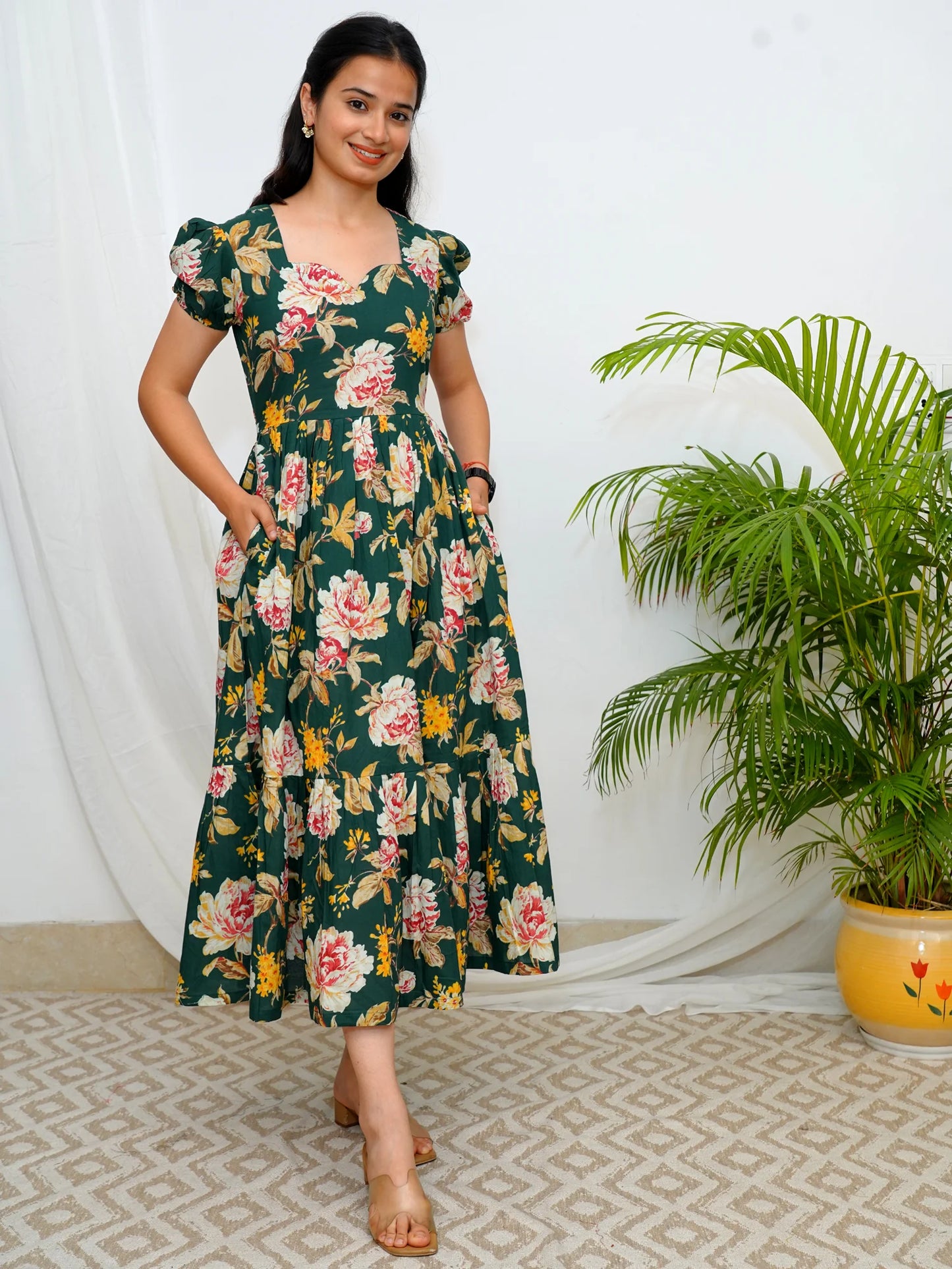 Emerald Carnation Bloom COTTON Tiered Dress