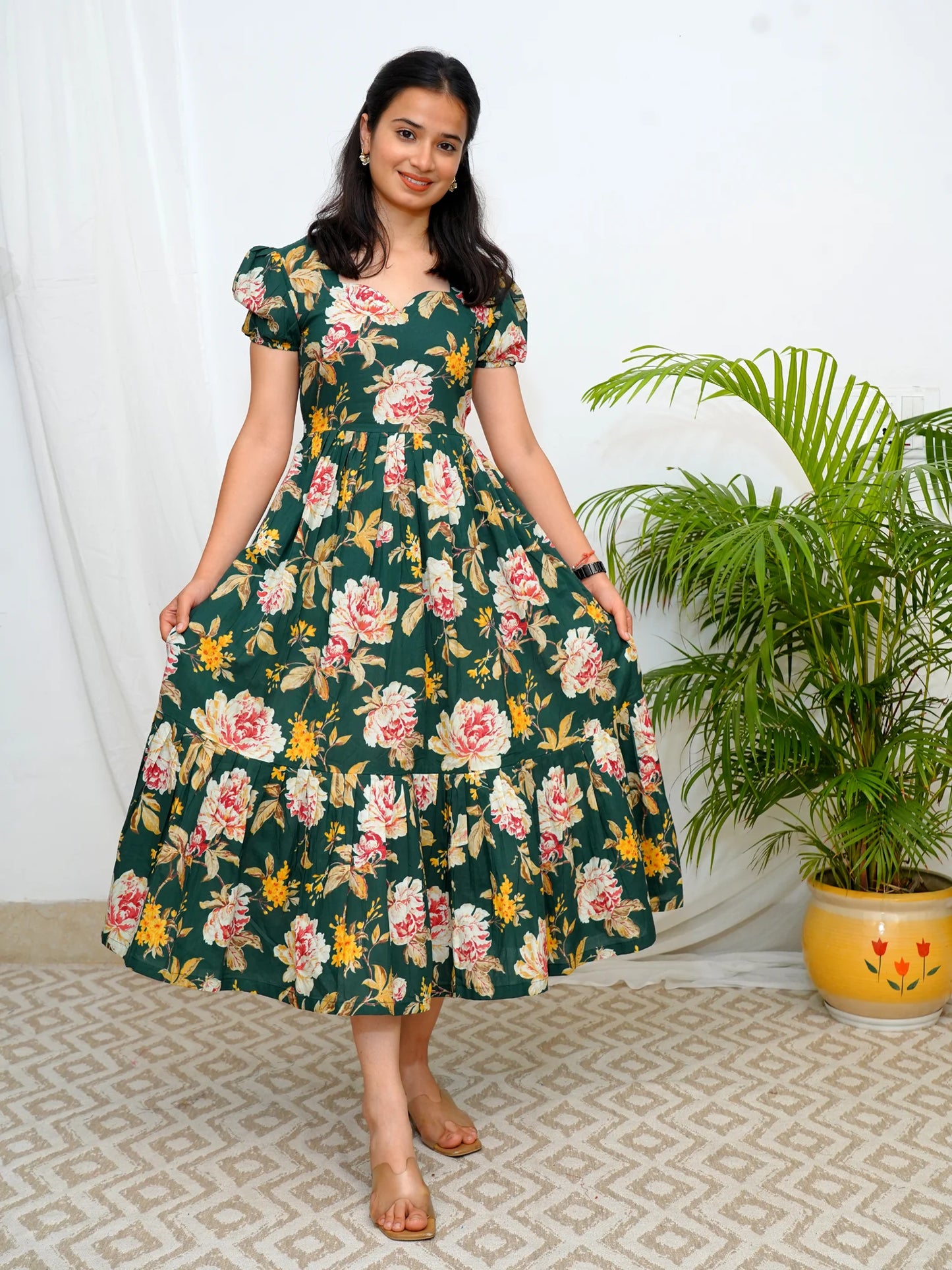 Emerald Carnation Bloom COTTON Tiered Dress