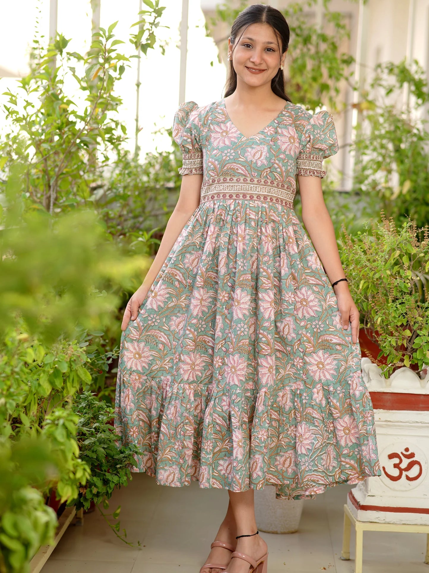 English Garden Block Printed COTTON Tiered Dress