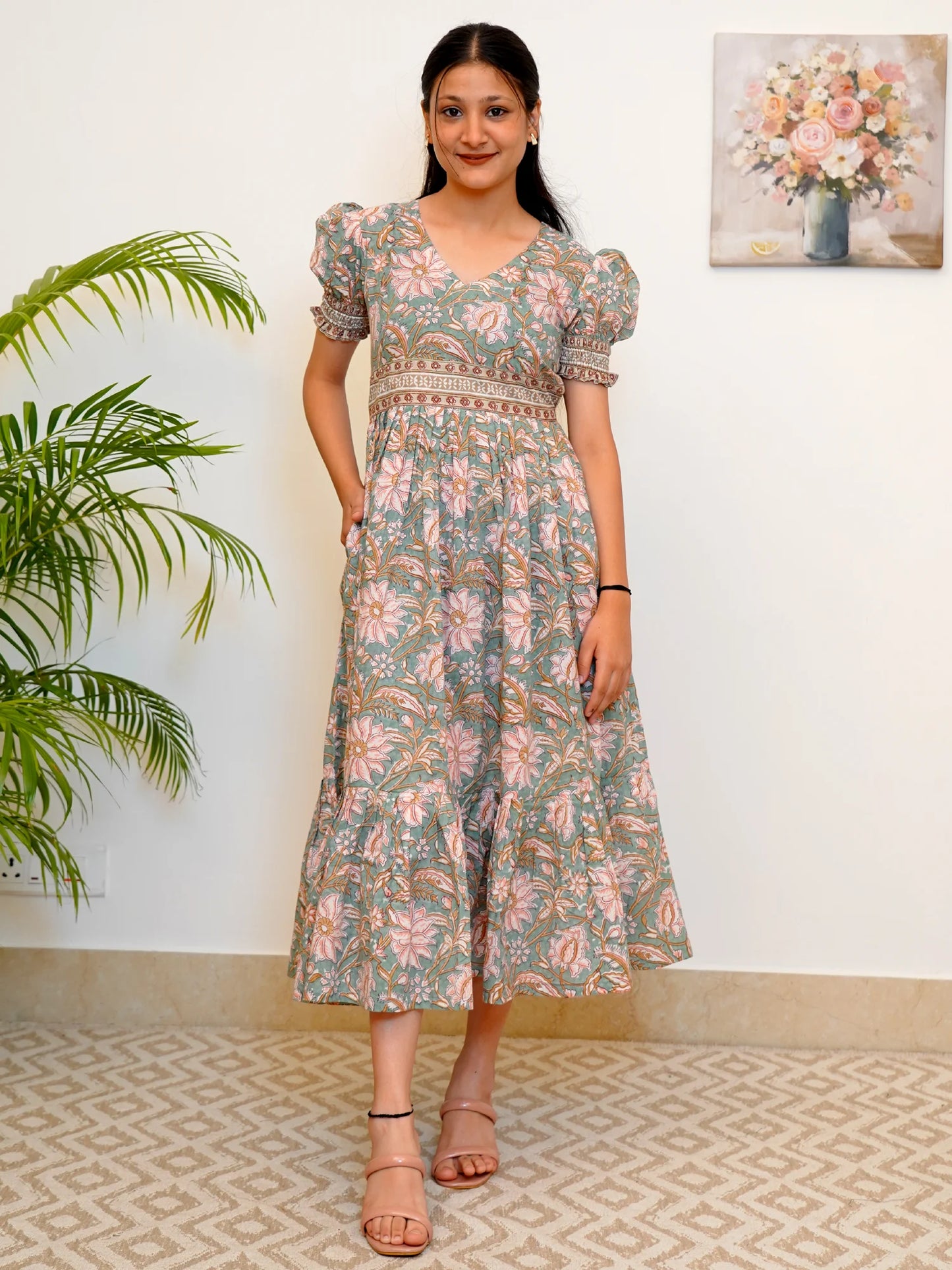 English Garden Block Printed COTTON Tiered Dress