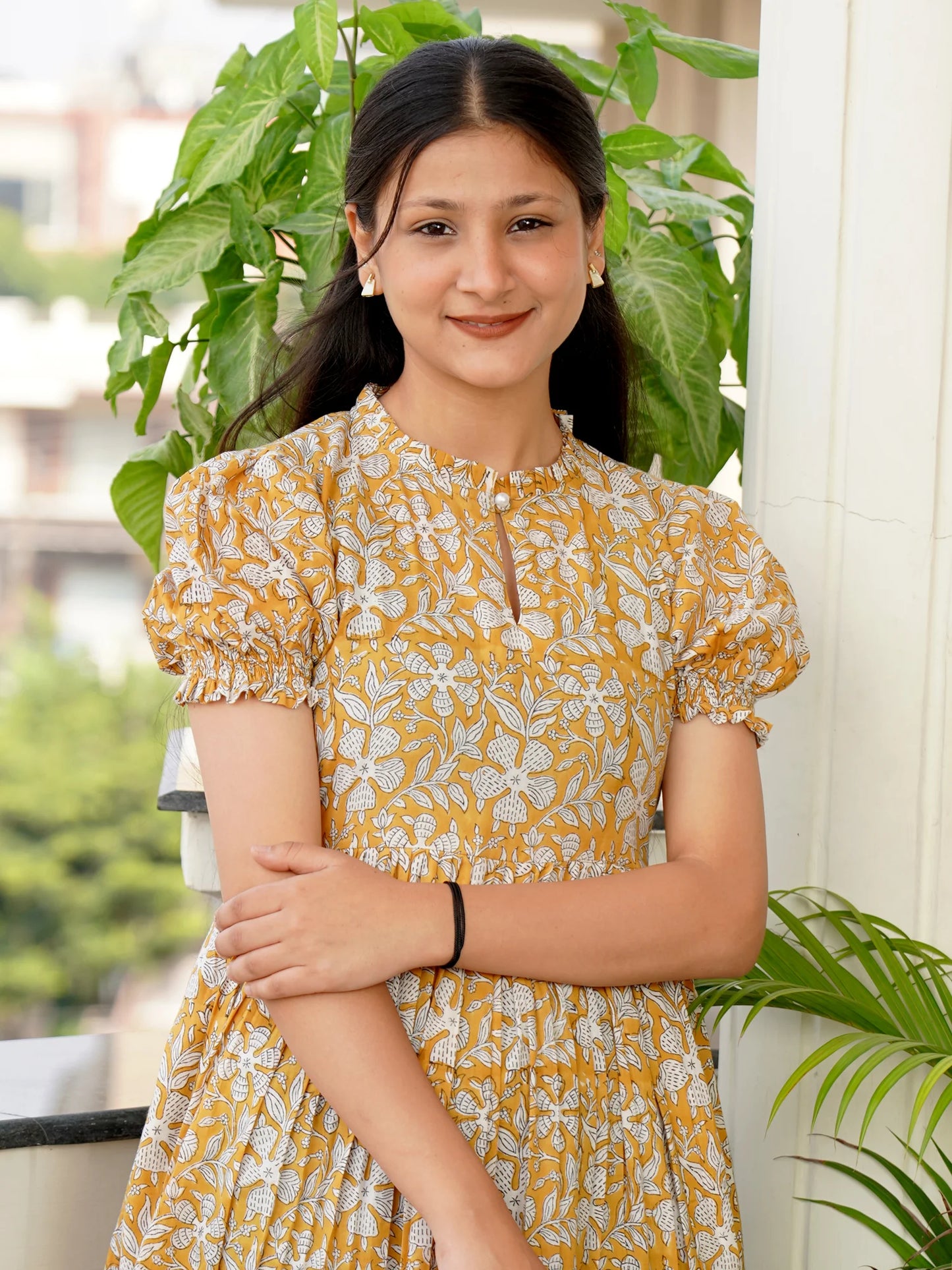 Golden Aura Bloom Block Printed COTTON Tiered Dress