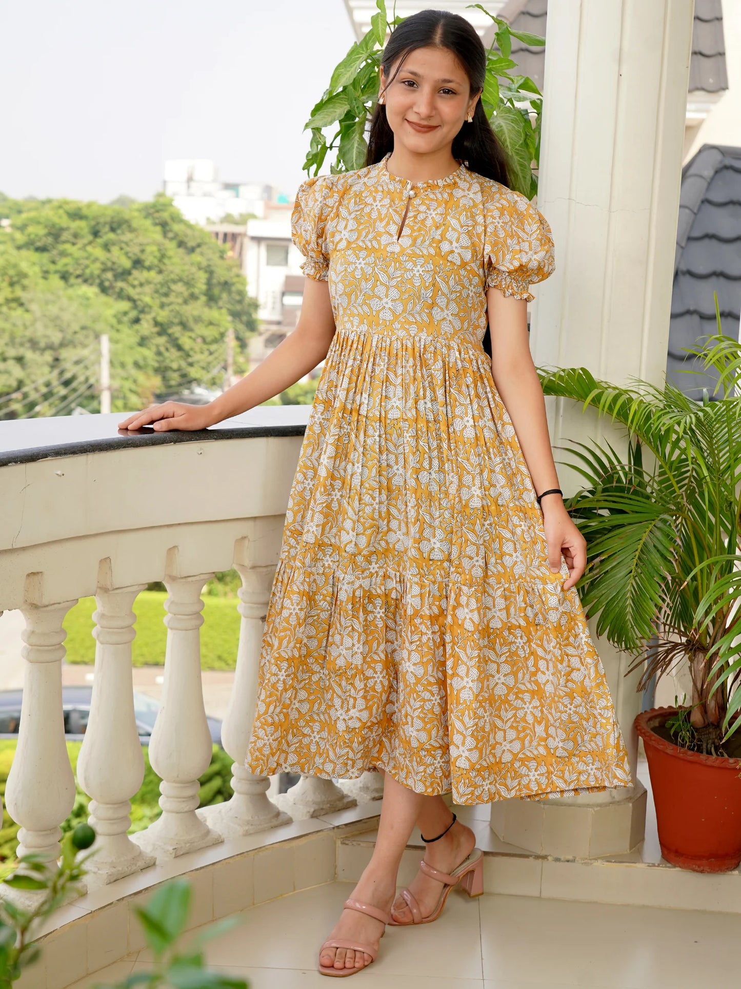 Golden Aura Bloom Block Printed COTTON Tiered Dress