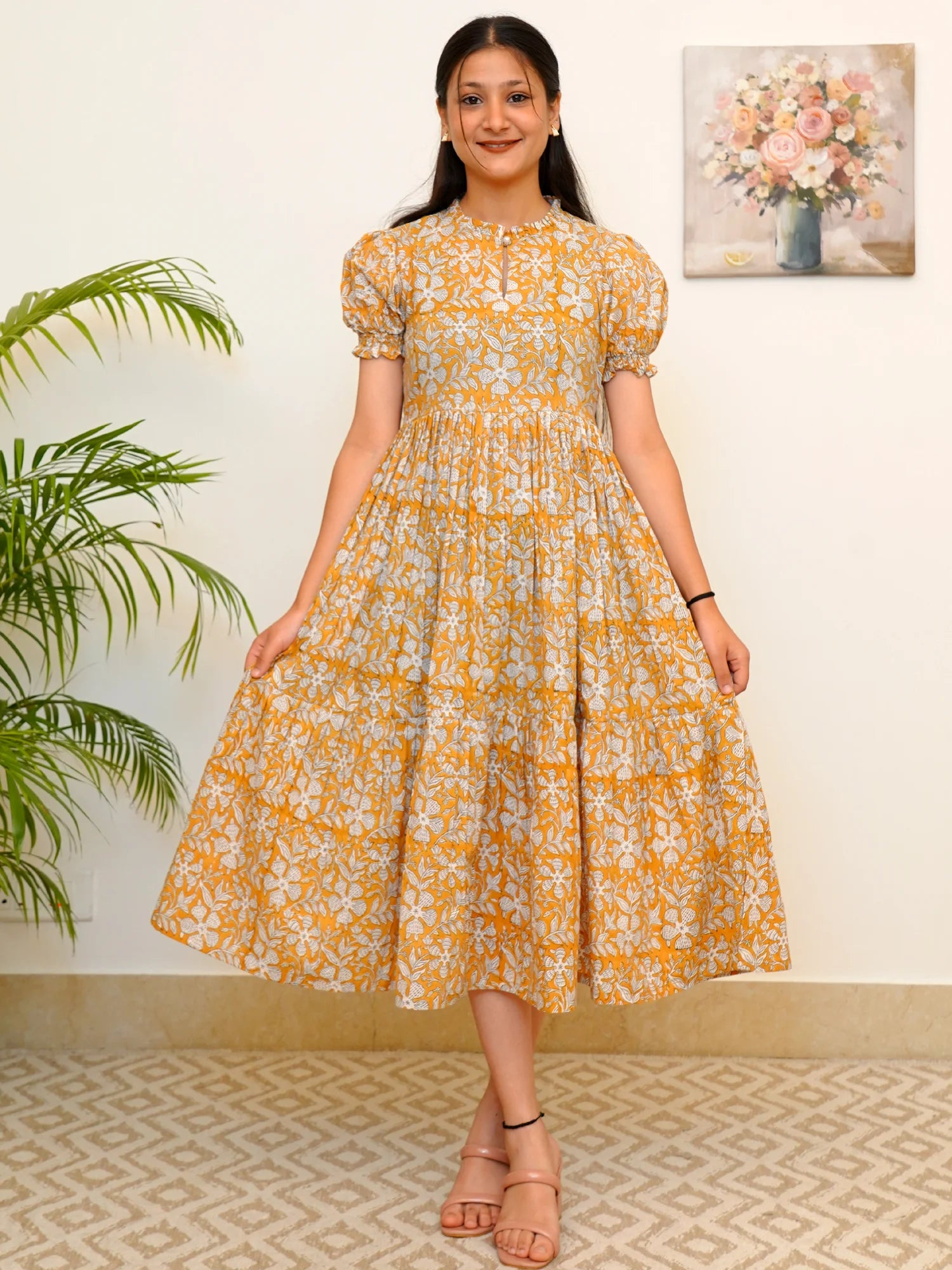 Golden Aura Bloom Block Printed COTTON Tiered Dress