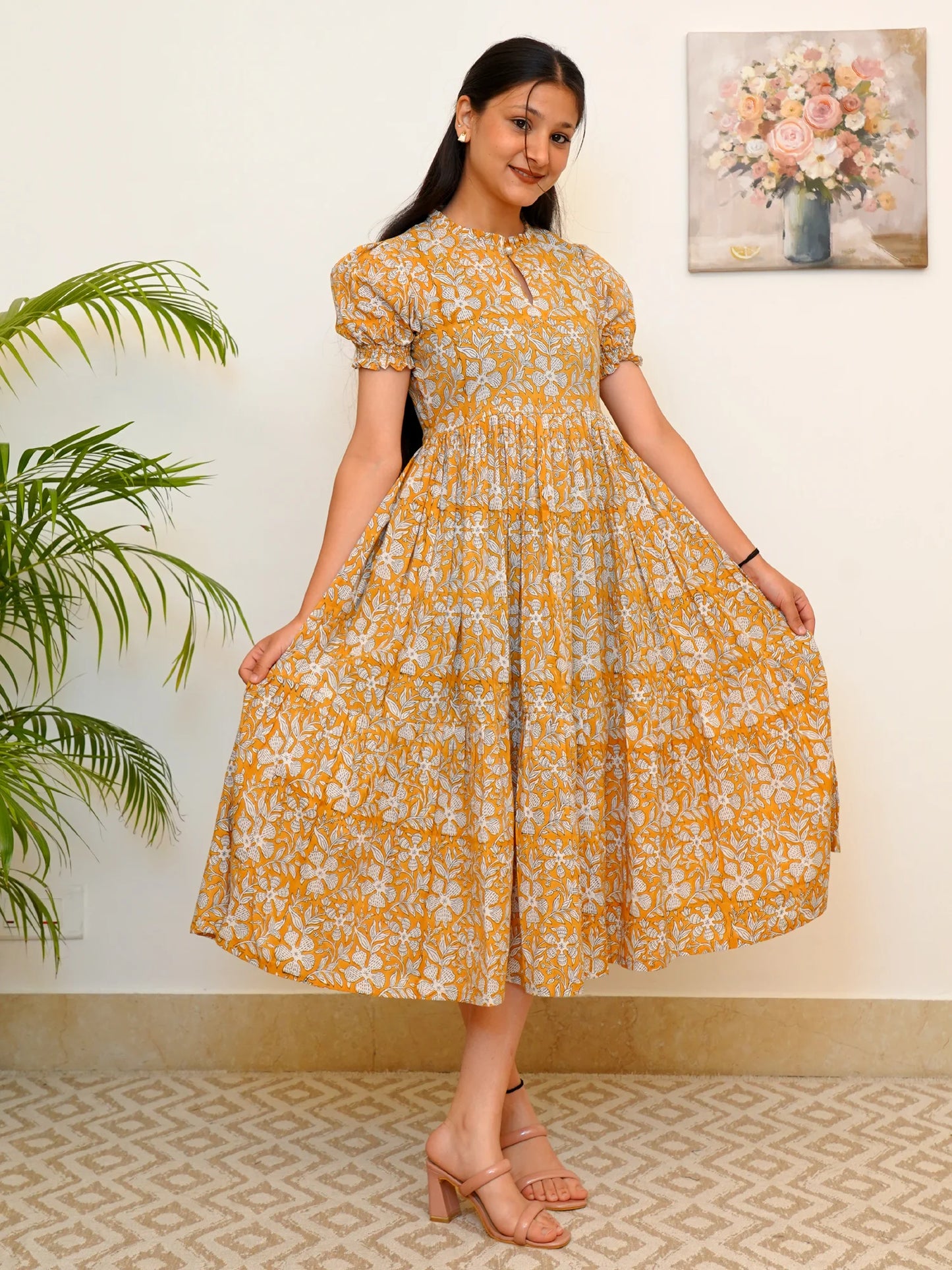 Golden Aura Bloom Block Printed COTTON Tiered Dress