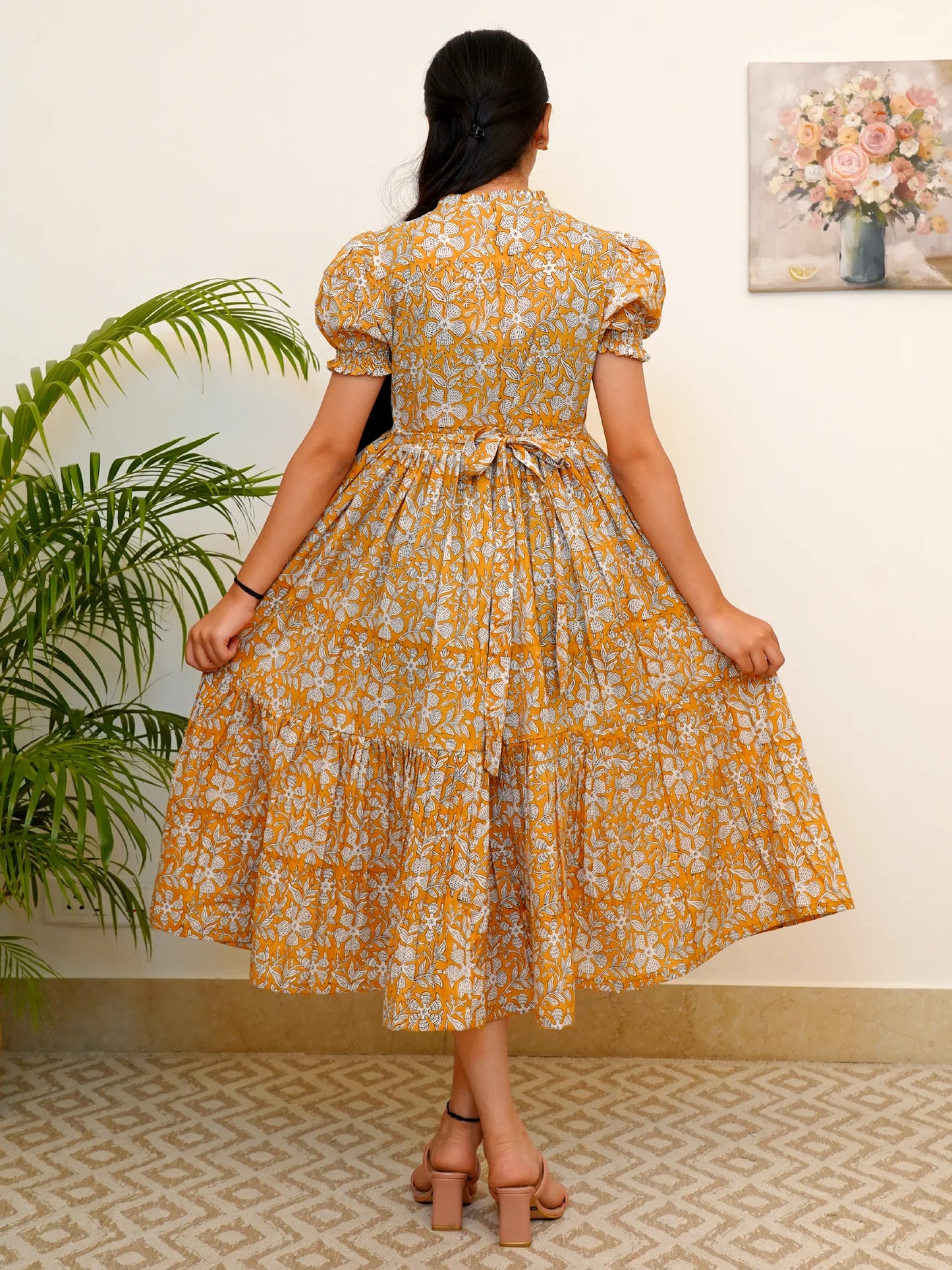 Golden Aura Bloom Block Printed COTTON Tiered Dress