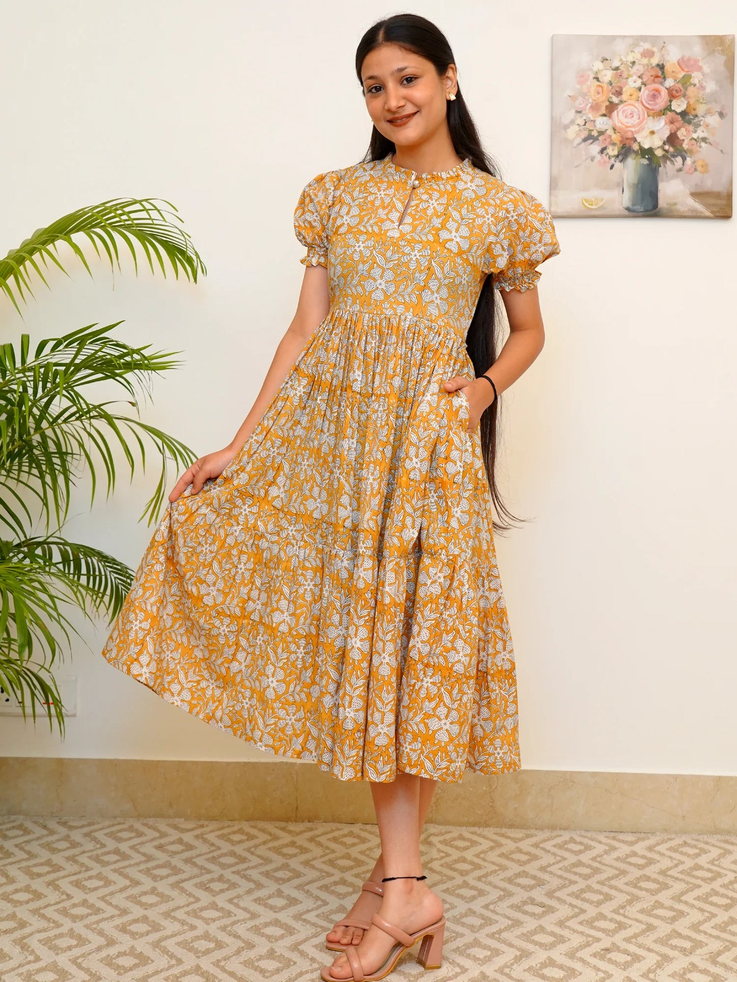 Golden Aura Bloom Block Printed COTTON Tiered Dress