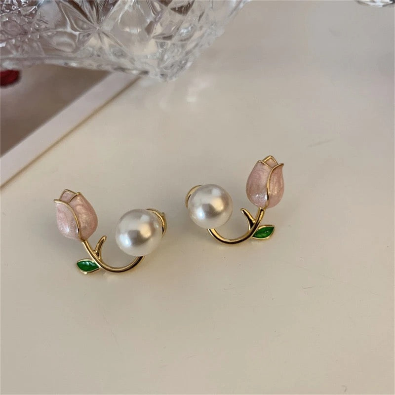 Pink Rose and Pearl Earrings