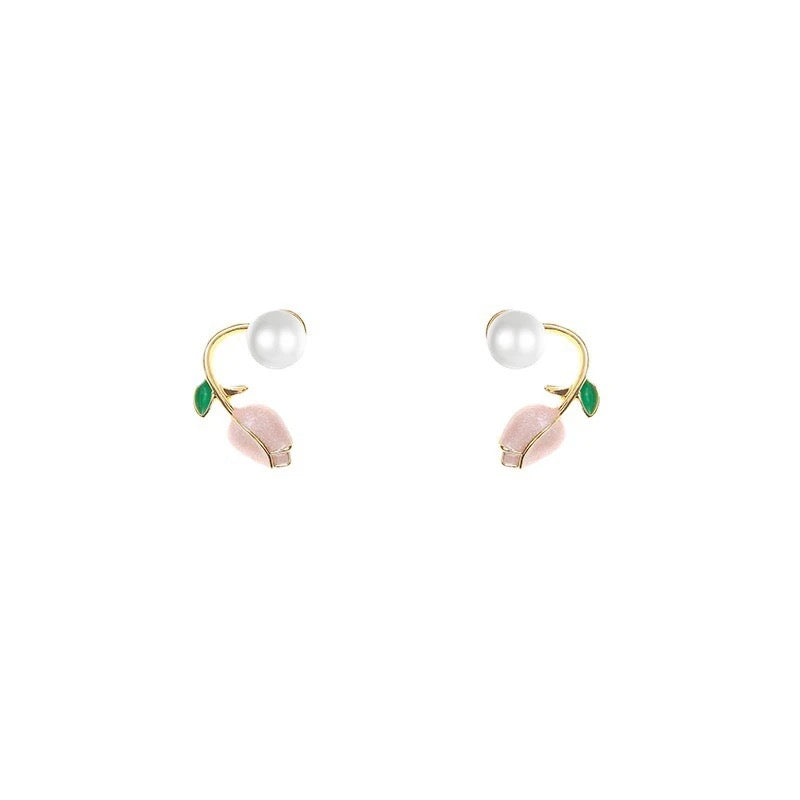 Pink Rose and Pearl Earrings