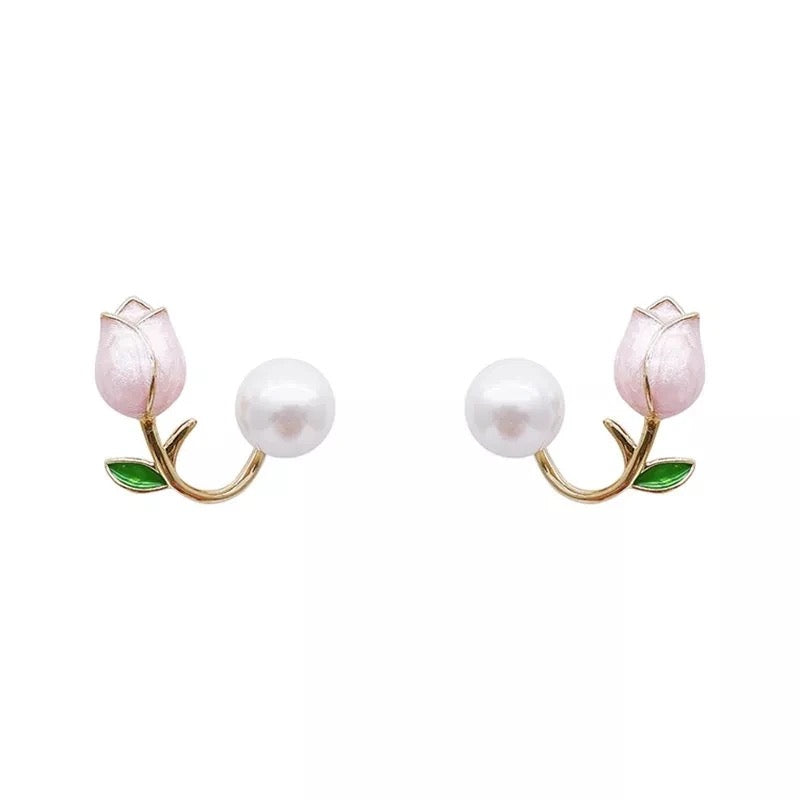 Pink Rose and Pearl Earrings