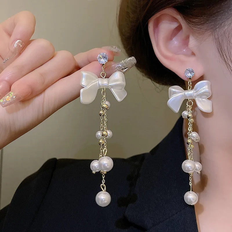 Long Bow & Pearl Earrings