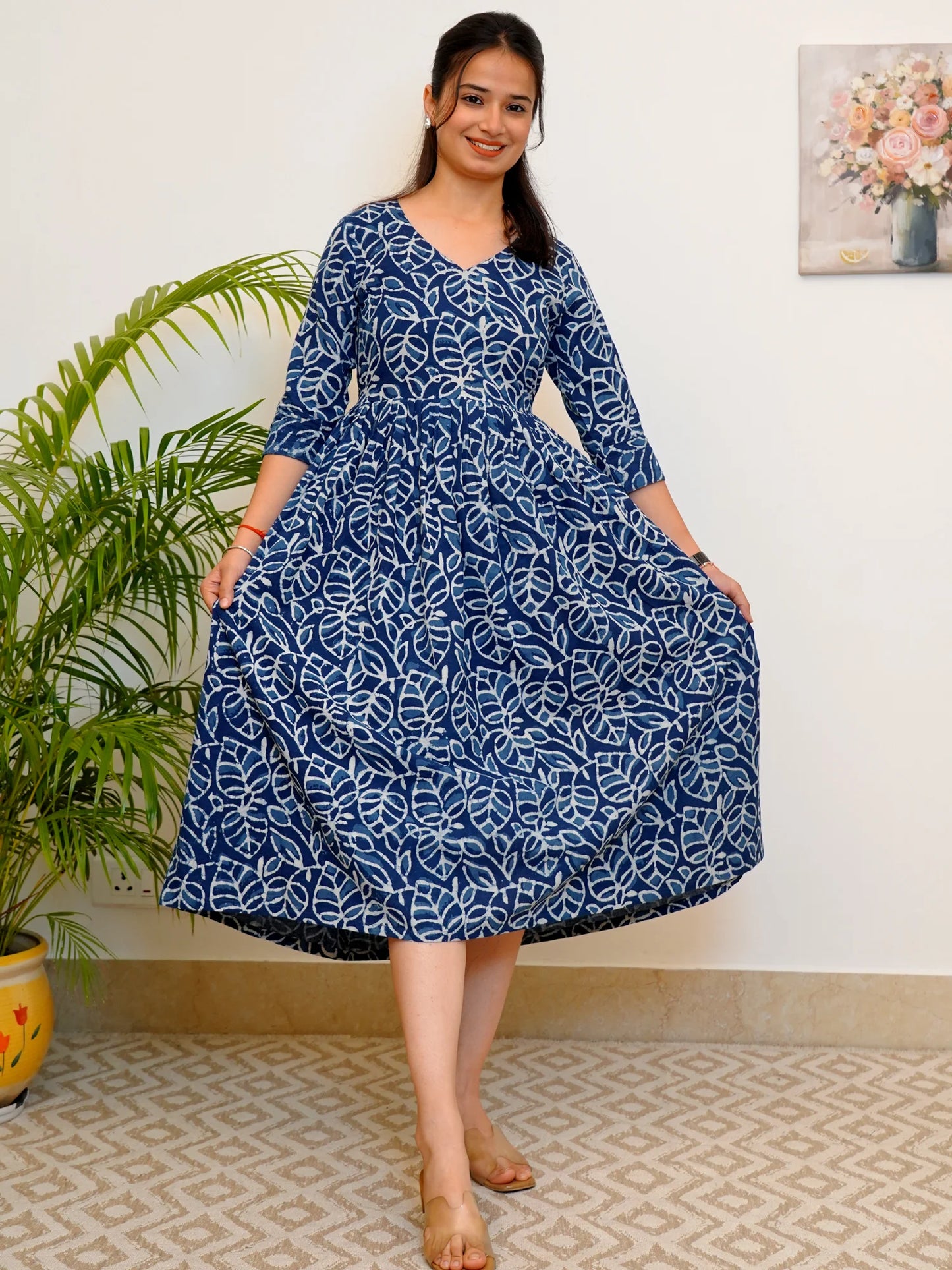 Leafy Indigo Block Printed COTTON Dress