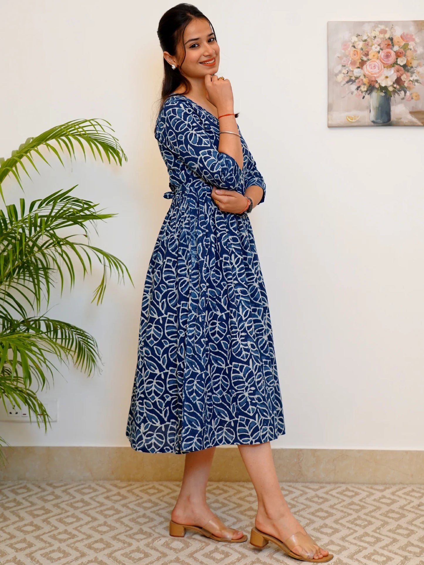 Leafy Indigo Block Printed COTTON Dress