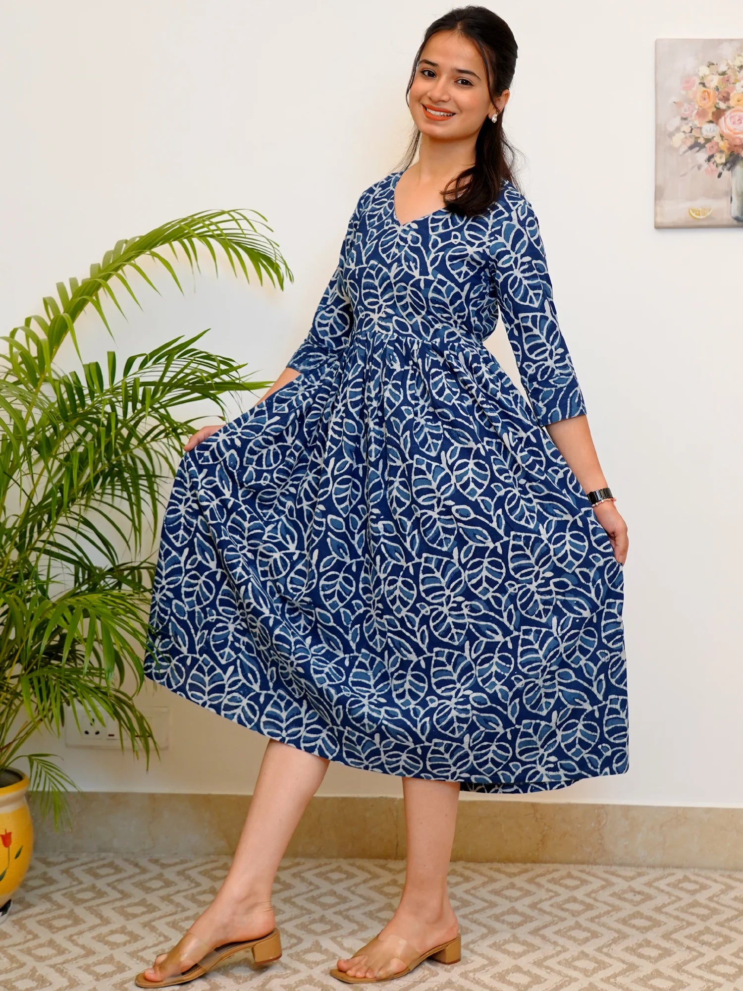 Leafy Indigo Block Printed COTTON Dress