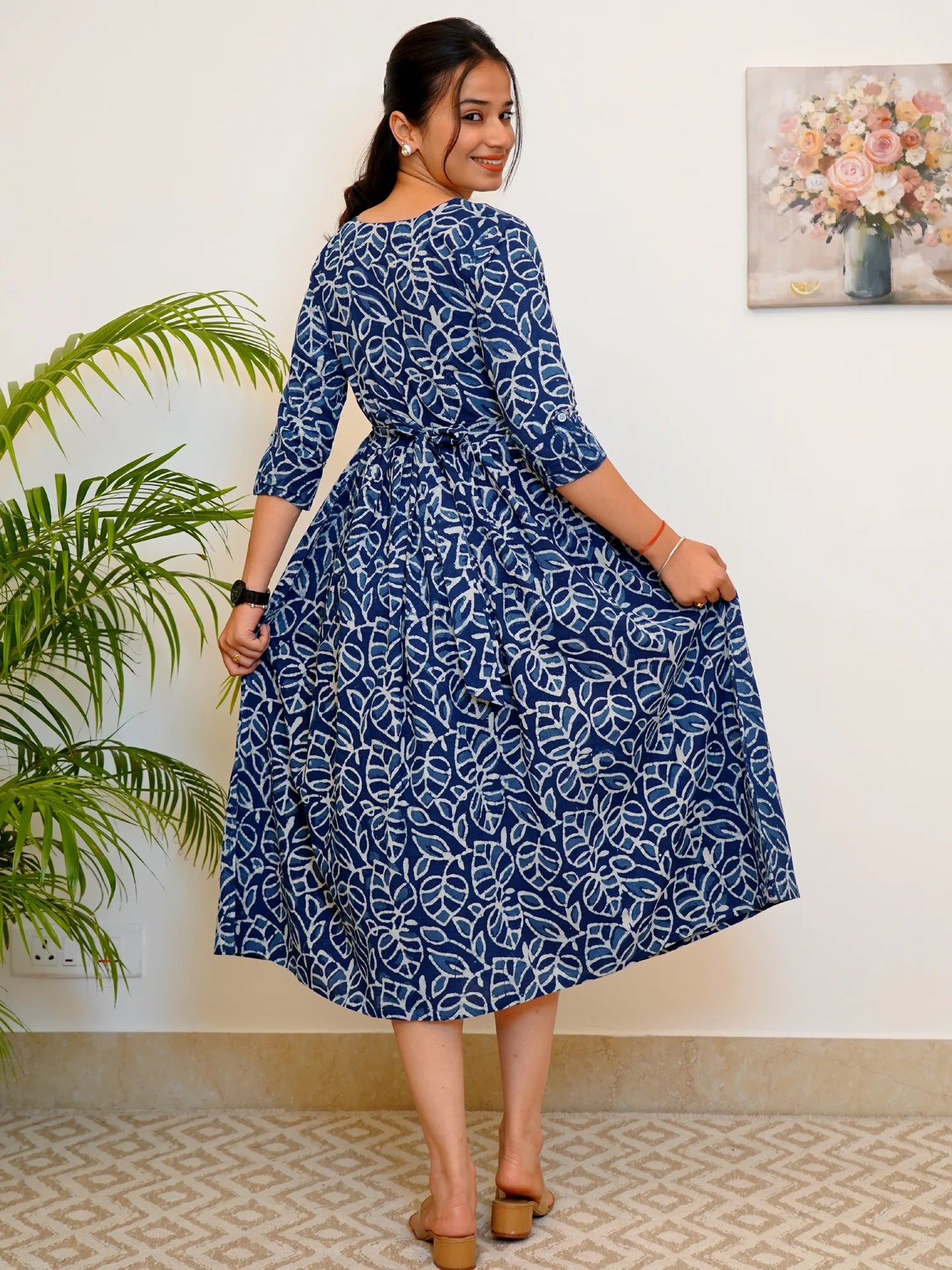 Leafy Indigo Block Printed COTTON Dress