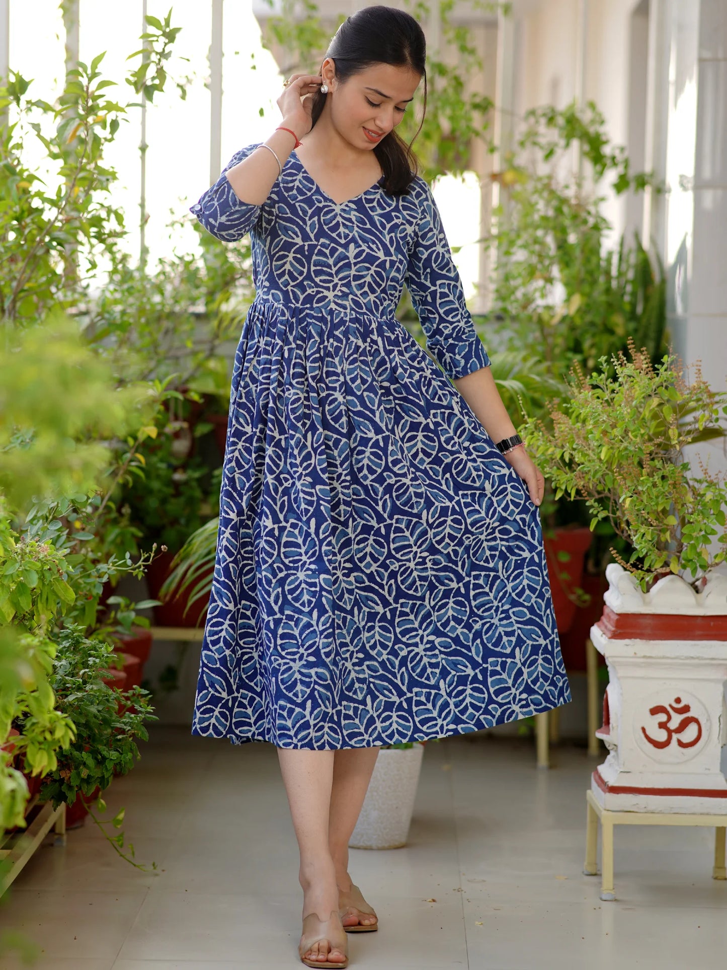 Leafy Indigo Block Printed COTTON Dress