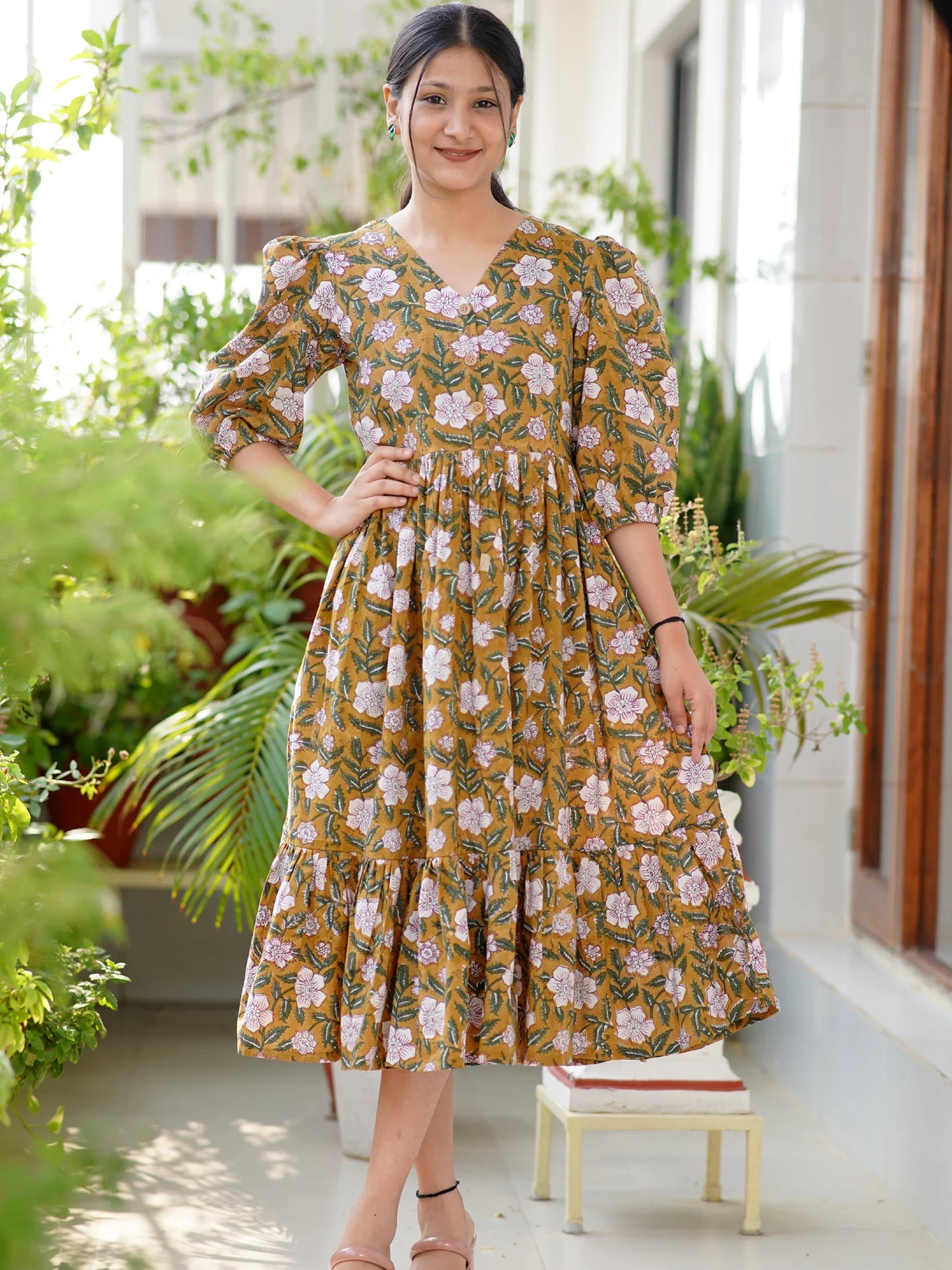 Mehndi Blossom Block Printed COTTON Tiered Dress