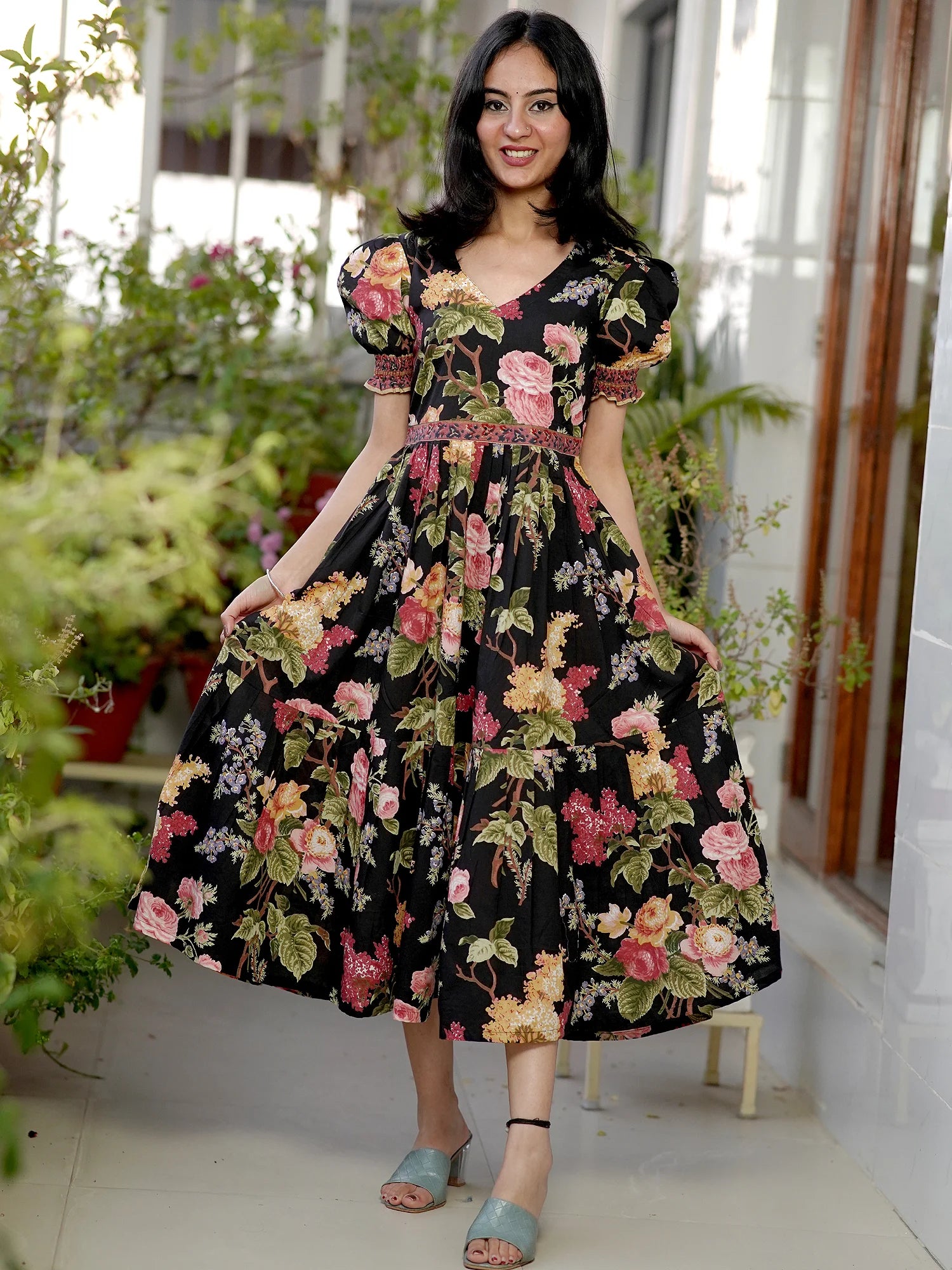 Midnight Botanical Dream COTTON Tiered Dress