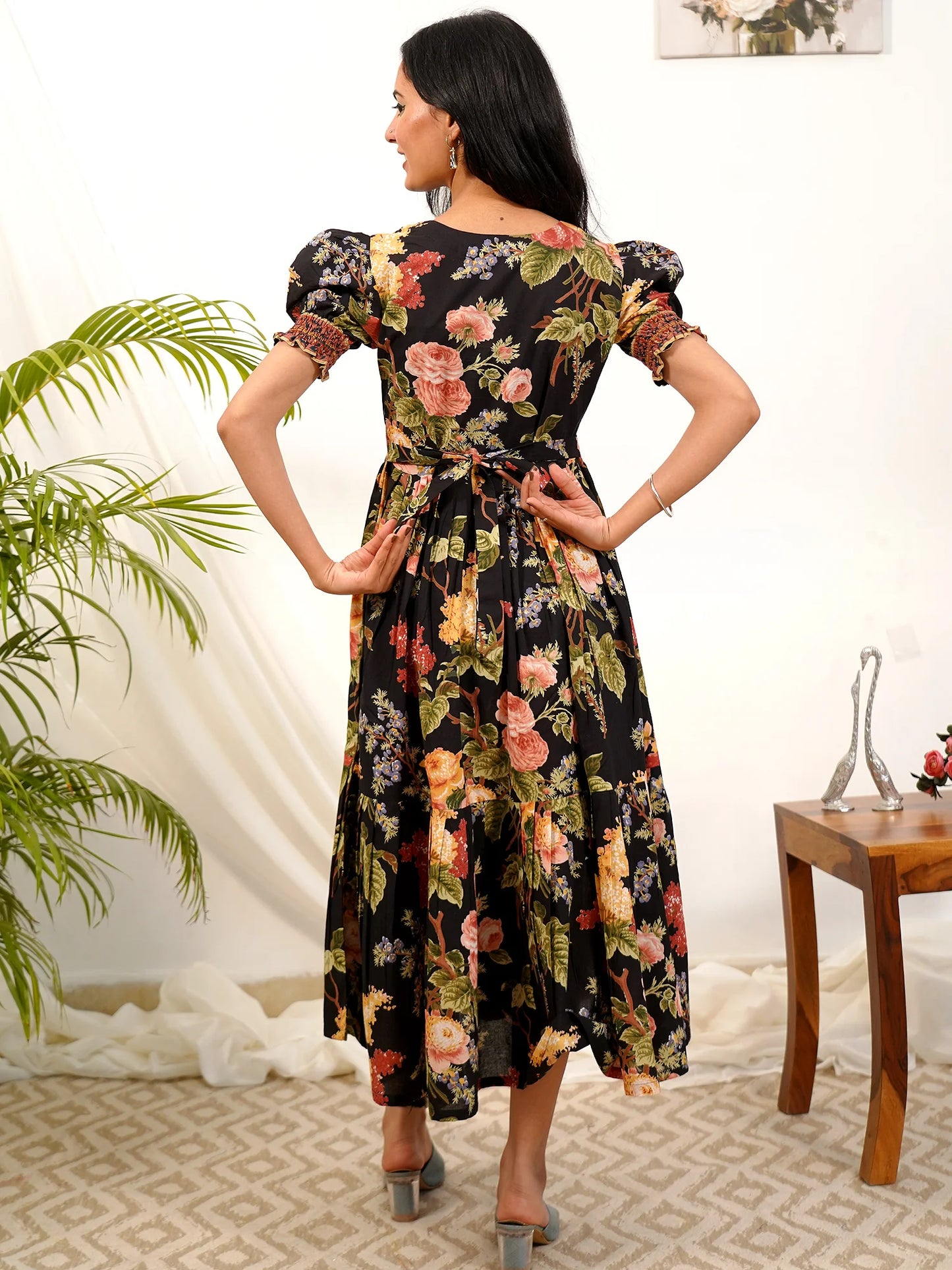 Midnight Botanical Dream COTTON Tiered Dress