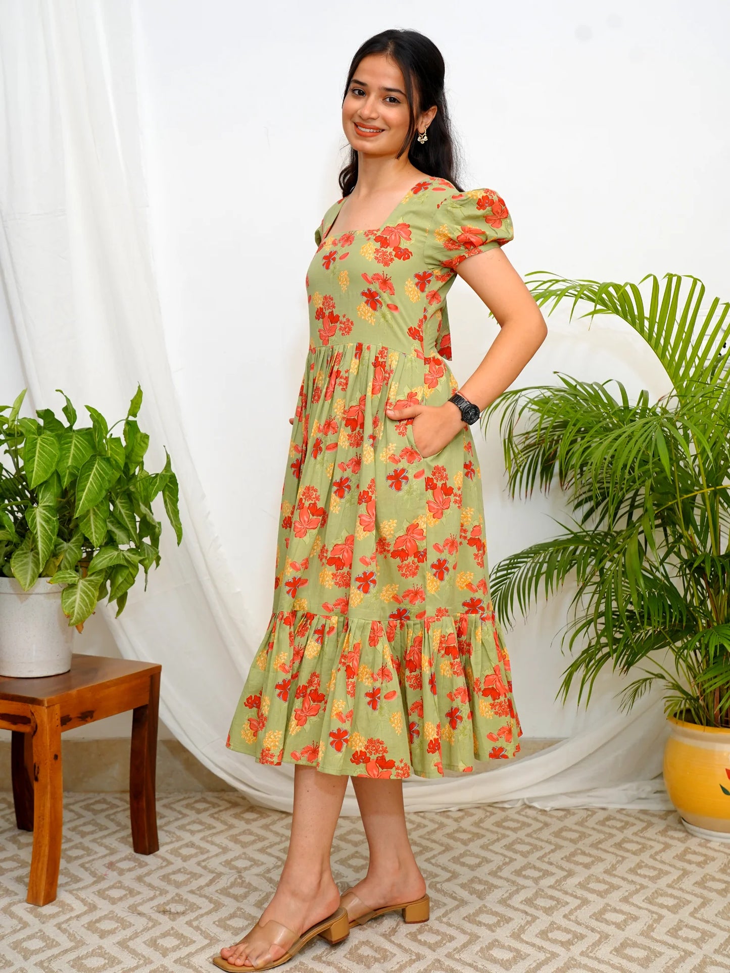 Olive Sunset Floral COTTON Tiered Dress