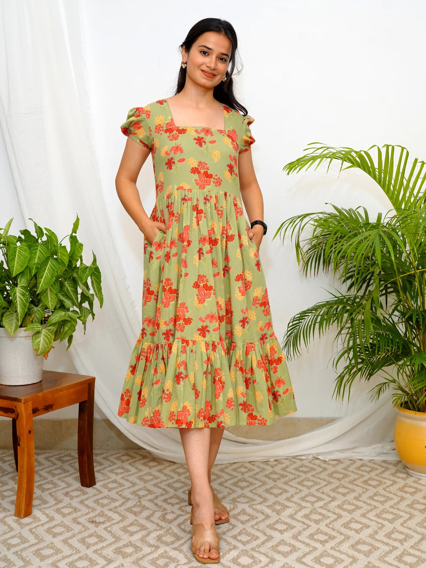 Olive Sunset Floral COTTON Tiered Dress