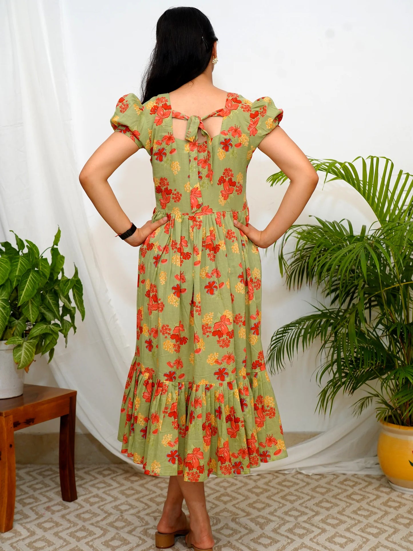 Olive Sunset Floral COTTON Tiered Dress