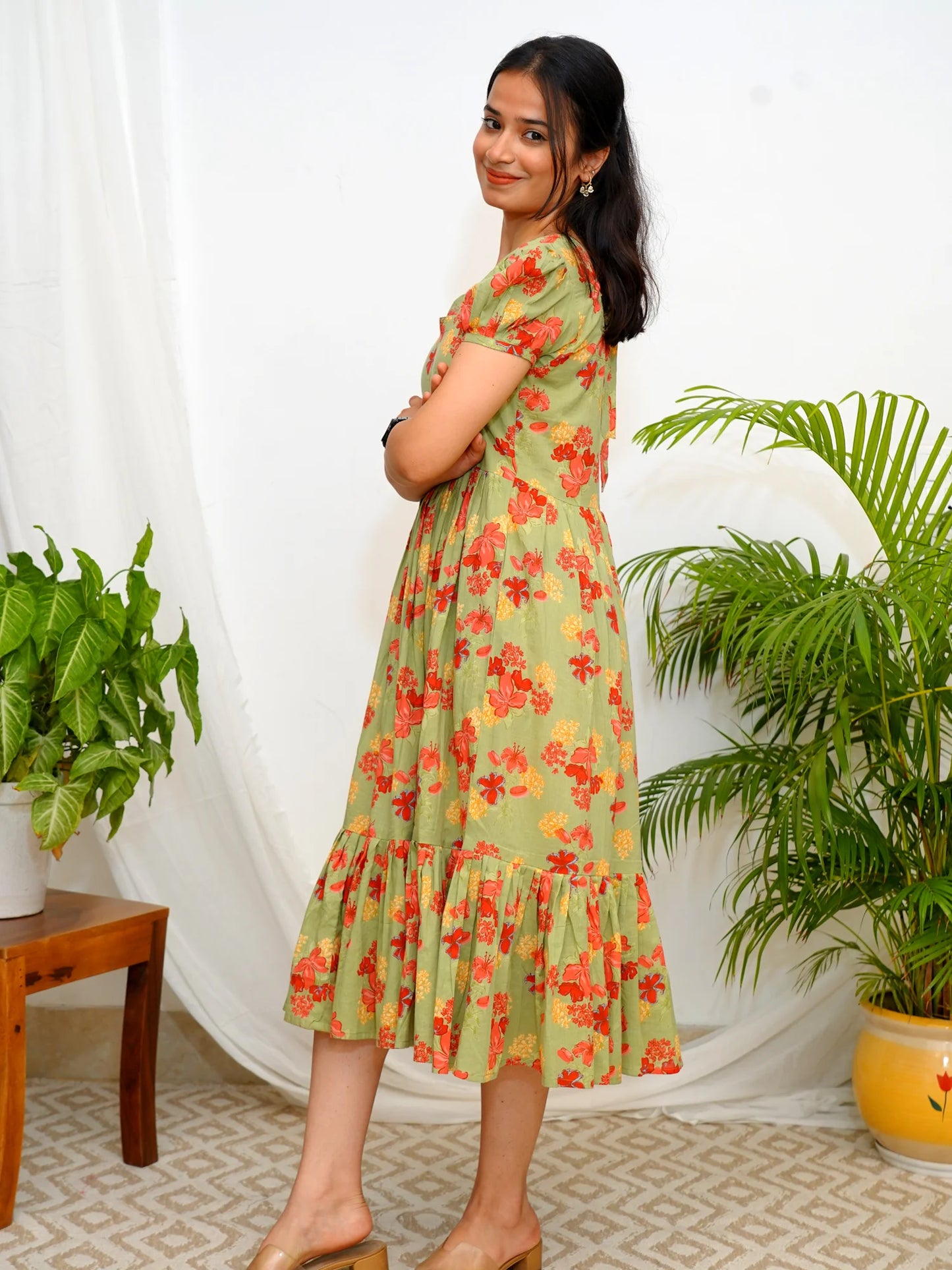 Olive Sunset Floral COTTON Tiered Dress